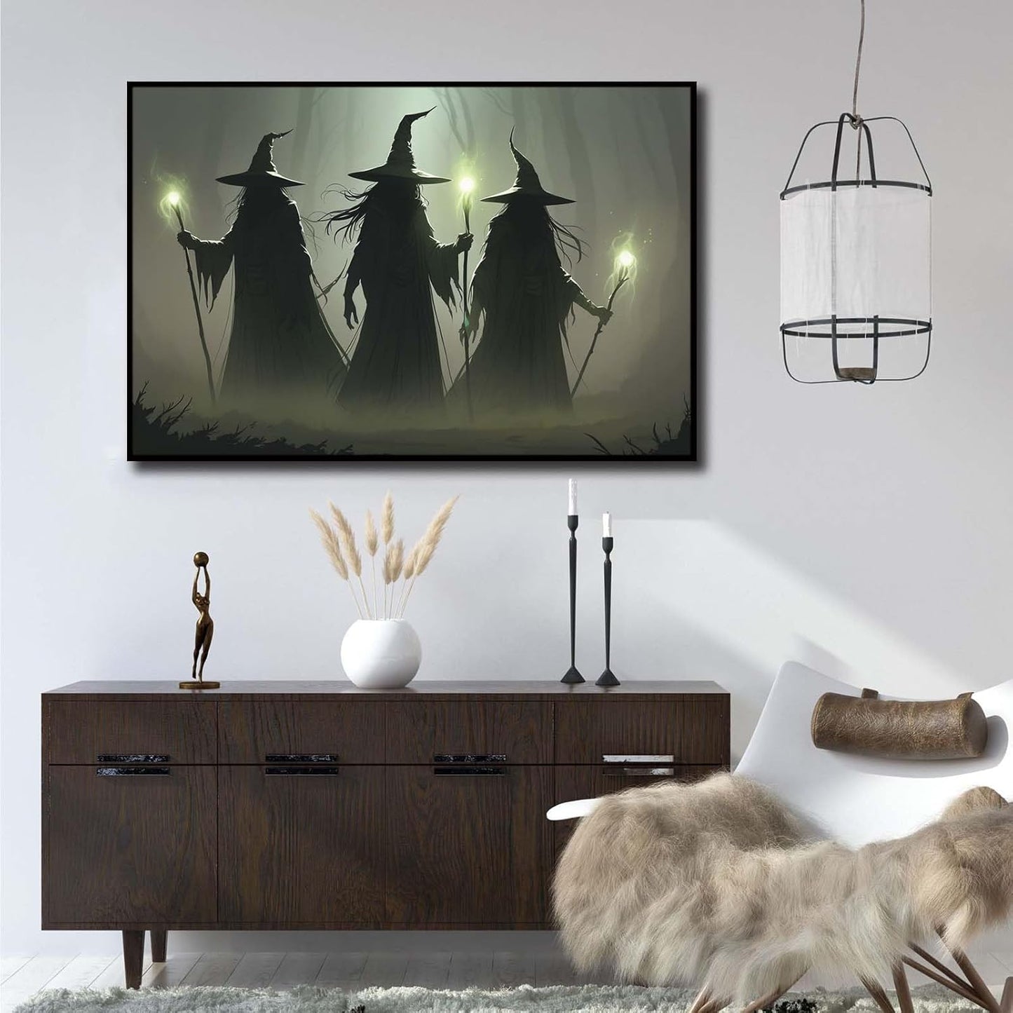 JFHCQJPK Vintage 3 witches canvas wall decor melancholy dark Halloween poster wall decor holding a staff print Gothic horror Halloween painting print for living room bedroom12x16in Metal blackFramed