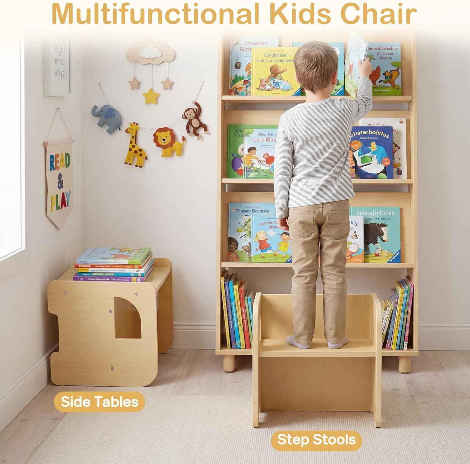 Olakids Montessori Weaning Table and Chair Set, Adjustable Height Kids Activity Desk with Blackboard 2 Chairs for Toddler Aged 1-3, Ideal for Step Stool Drawing Reading (Natural)