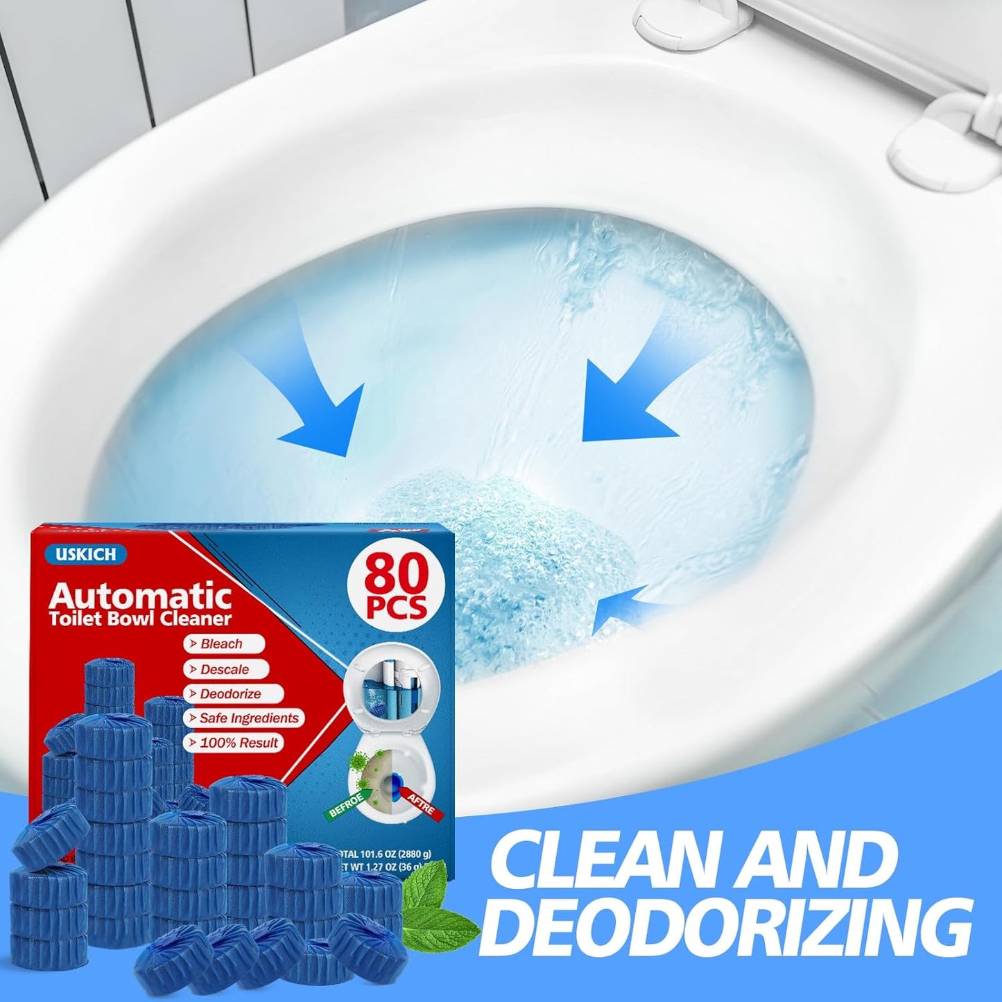USKICH Toilet Bowl Cleaner Tablets 80 PACK, Bathroom Automatic Toilet Tank Blue Cleaners with Bleach, Slow-Releasing Household Toilet Cleaners for Deodorizing, Descaling, against Tough Stains