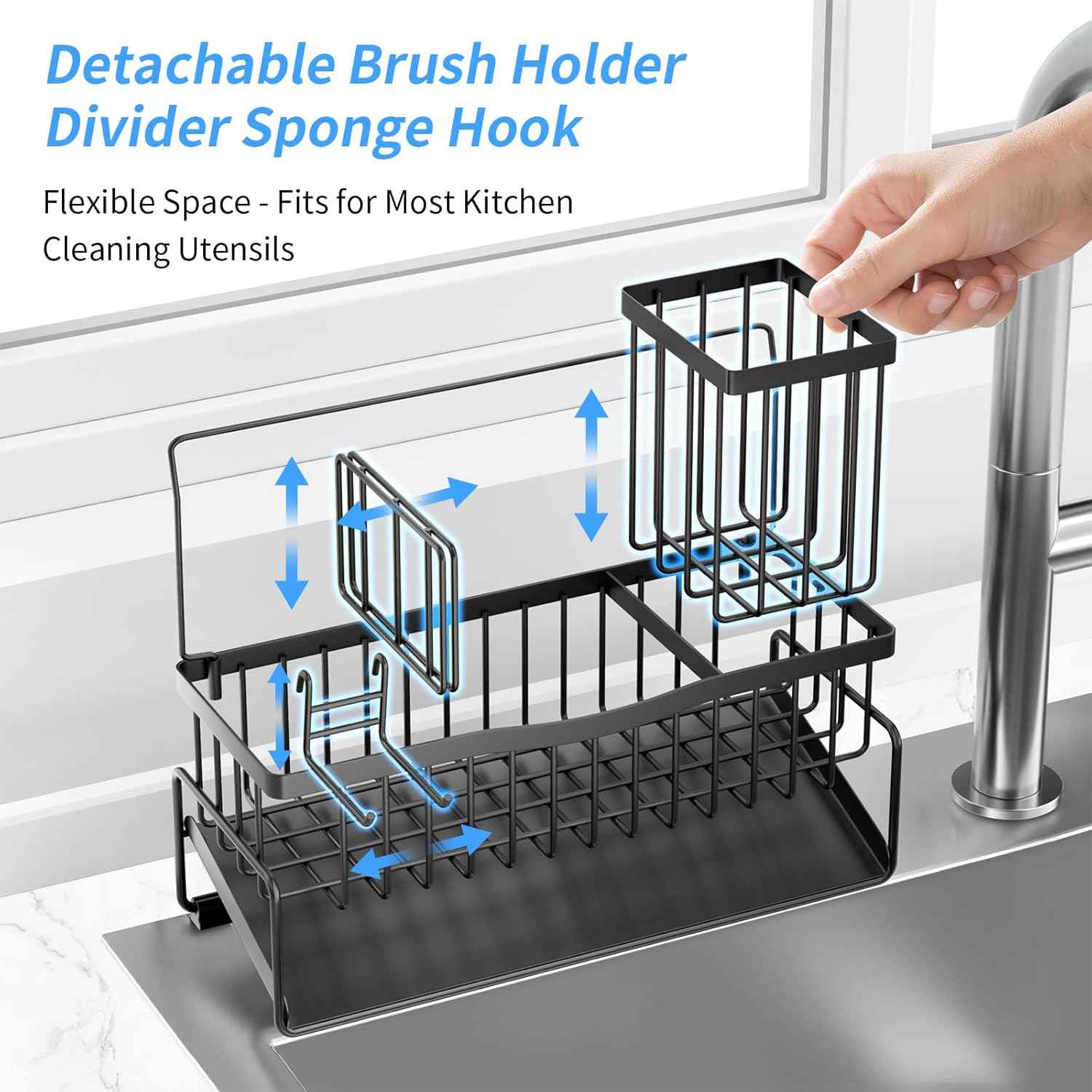 Sponge Holder for Kitchen Sink 304 Stainless Steel Self-Draining Sink Caddy with Smiley Face Sponge and Brush Holder Towel Bar and Divider Kitchen Gadgets Organizer for Countertop, Black