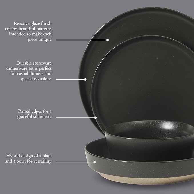 Gibson Elite Overbrook 16-Piece Pottery Clay Stoneware Dinnerware Set – Black Reactive Glaze, Stackable Plates and Bowls W/Pasta Bowl, Service for 4 – Microwave & Dishwasher Safe