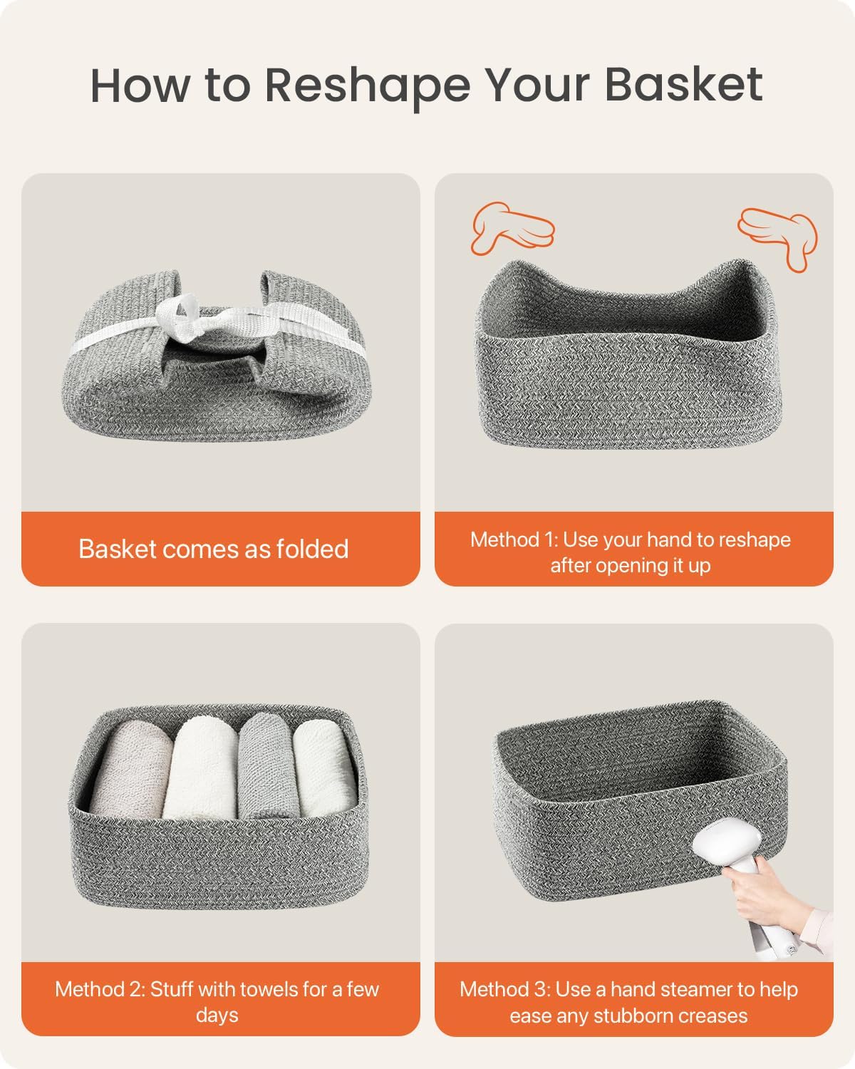 Small Woven Basket, 12 x 8 x 4.5 Inches, Storage Basket for Organizing, Cute Small Rope Shelf Closet Cube Storage Bins Baskets for Shelves, Dog Toy Gift Baskets Empty, 3 Packs, Mixed Grey