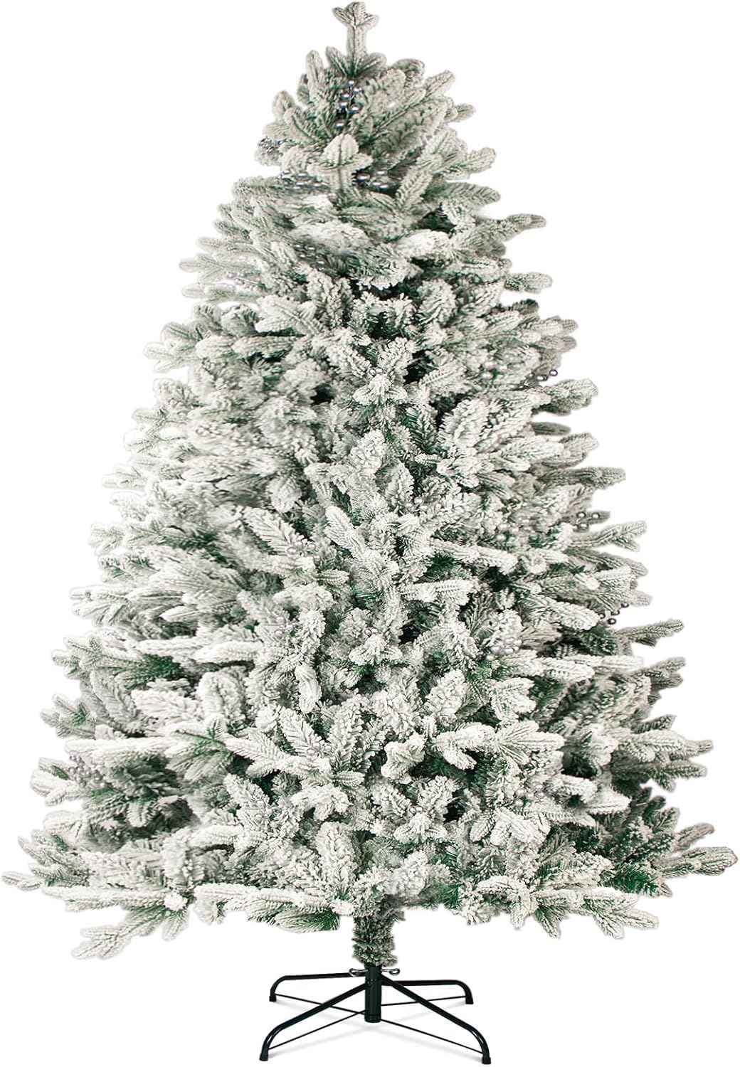 Outroad 7ft Snow Flocked Christmas Tree Premium Hinged Artificial Pine Tree, Xmas Tree Metal Stand and 1000 Lush Branch Tips Holiday Decorate, Easy to Assemble, White