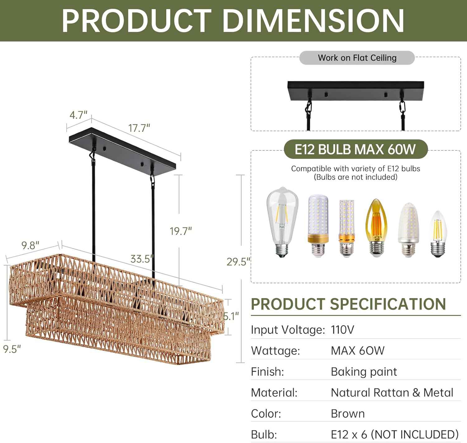 6-Light Boho Rattan Chandeliers for Dining Room, 2 Layer Large Linear Chandelier Rattan Pendant Light Fixture Farmhouse 34” Rectangle Chandelier for Kitchen Island Bar Living Room
