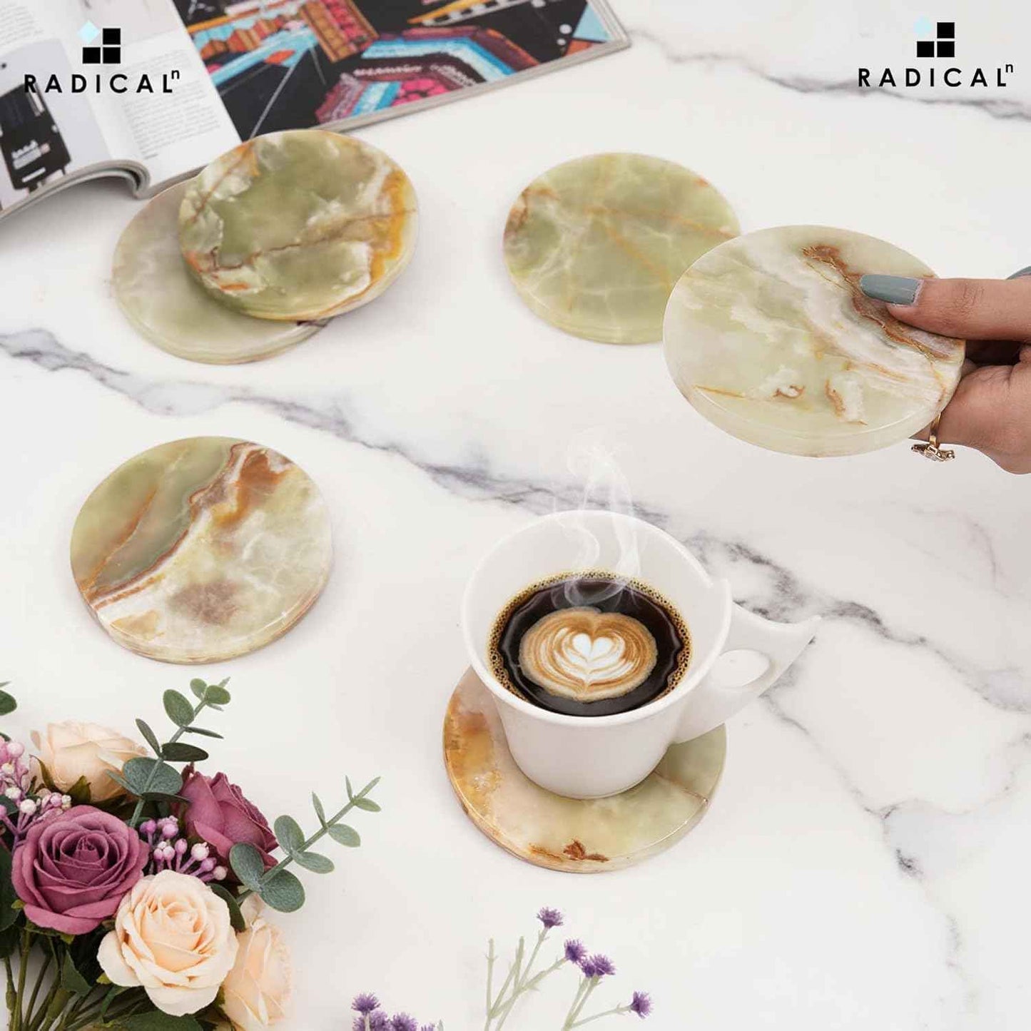 Marble Coasters Green Onyx 3.5 Inch Round Handmade Set of 6 Drink Coaster for Tabletop & Coffee Table Decor, Ideal Coaster Set for Drink