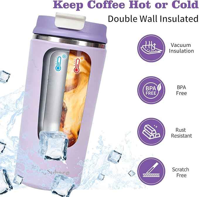 Travel Coffee Mug with Lid, 12 oz Insulated Tumbler, Leak Proof Stainless Steel Cup, for Hot Coffee, Iced Tea & Water, BPA Free, Car Cups Holder Friendly, Lavender Purple