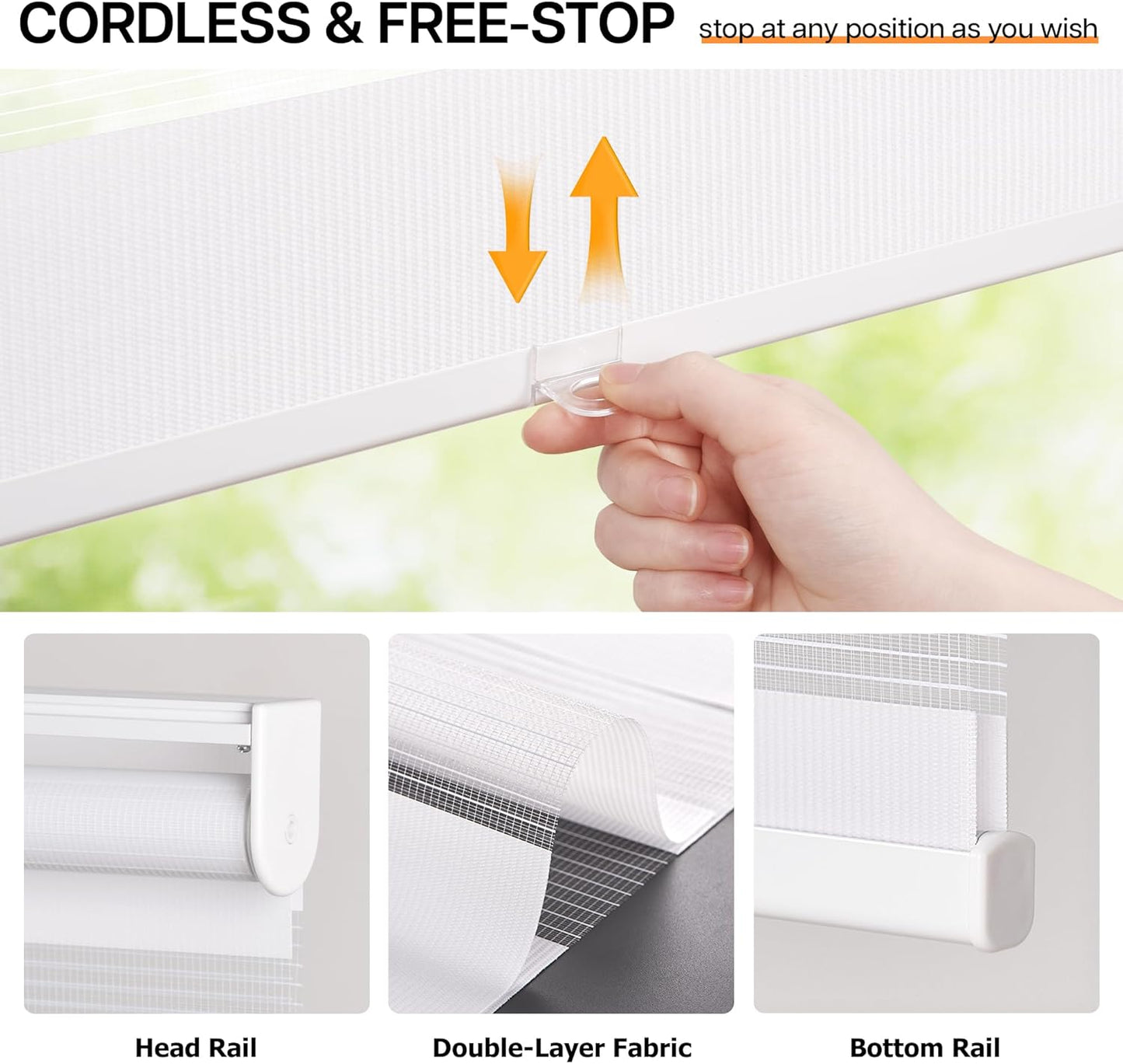 LazBlinds No Tools No Drill Cordless Zebra Blinds for Windows, Dual Layer Light Control for Day and Night, Light Filtering Privacy Roller Blinds and Shades for Home, 25" W x 48" H, White