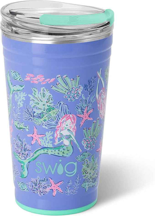 Swig Life 24oz Party Cup, Stackable Insulated Party Cup with EZ Flow Lid, Cup Holder Friendly, Dishwasher Safe, Stainless Steel, Large Travel Tumbler for Hot and Cold Drinks (Under the Sea)