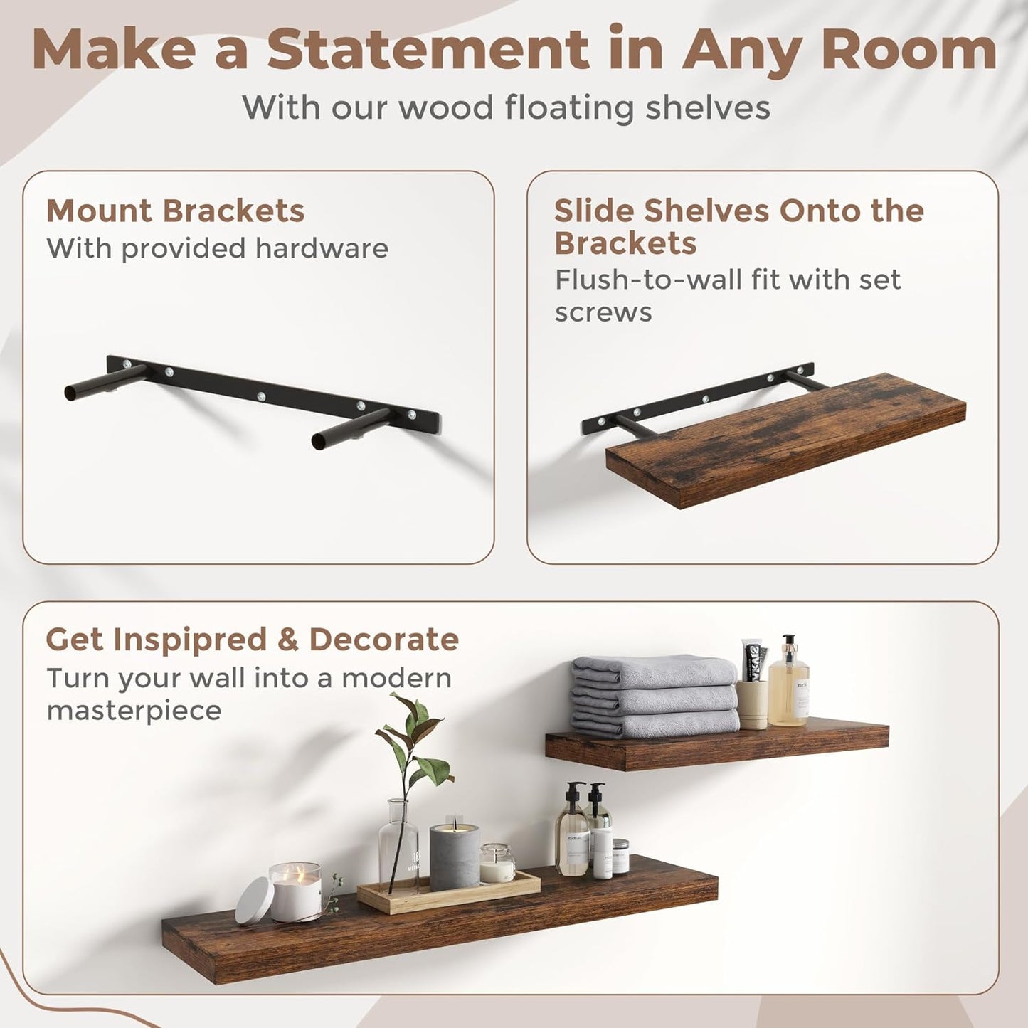 36 Inch Floating Shelves for Wall Set of 2, 8"D Wood Grain Bathroom Shelves with Invisible Brackets, Easy Install Engineered Wood Storage Shelves for Kitchen, Living Room, Bedroom, Rustic Brown Finish
