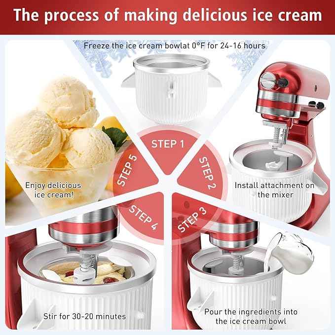 Ice Cream Attachment for KitchenAid Mixer, Ice Cream Bowl Compatible with 4.5Qt and 6QT Or Larger Stand Mixers KitchenAid Attachment, Frozen Yogurt & Sorbet Gelato Maker Attachment, 2 Qt White