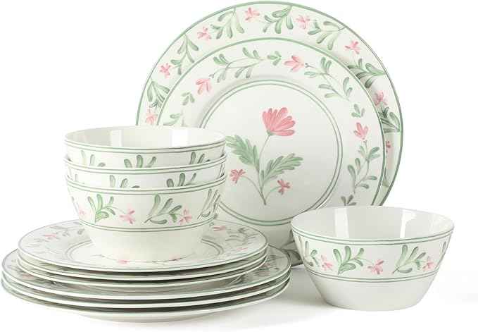 Martha Stewart Maiden Crown Plates and Bowls Sets, 12-Piece New Bone China Dinnerware Sets, Botanical Floral Design Dish Set, Microwave & Dishwasher Safe