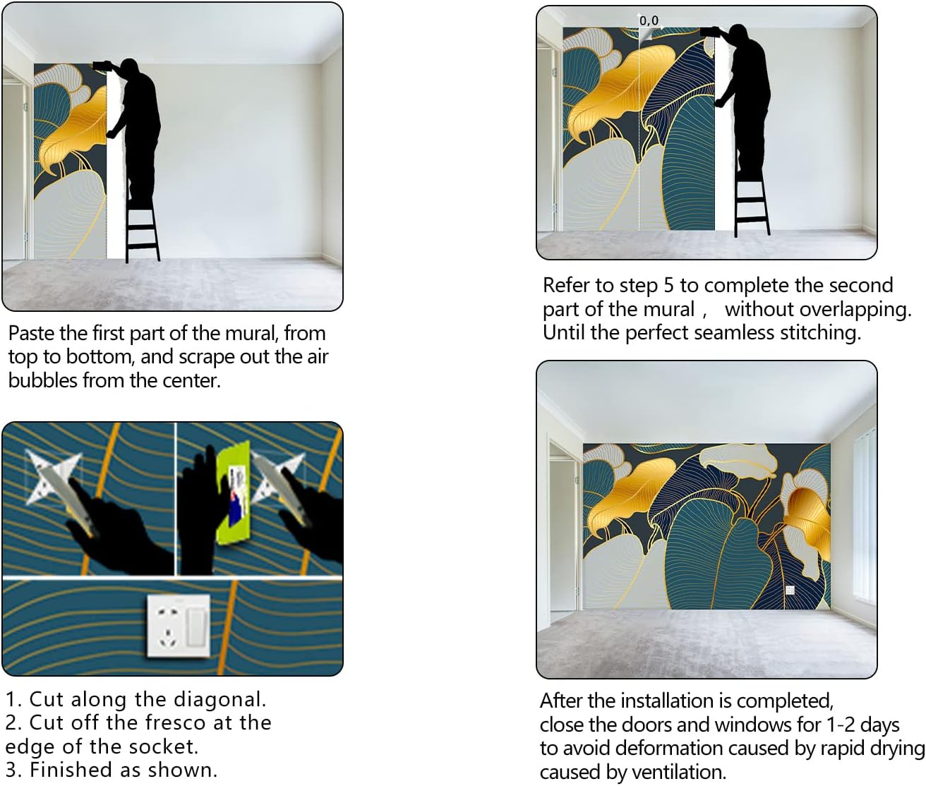 Golden Botanical Leaf wallpeper Living Room Bedroom Wall Mural - 91"x65"（Not Peel and Stick）