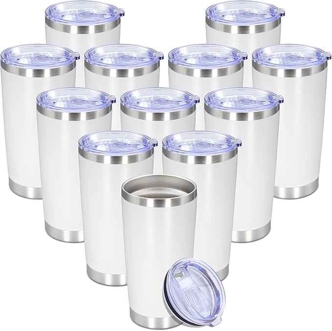 20 oz Tumbler with lid Double Wall Vacuum Insulated Tumblers Stainless Steel Coffee Mug Travel Coffee Tumbler Powder Coated Tumbler Cup Keep Hot&Cold - (White 12 Pack)