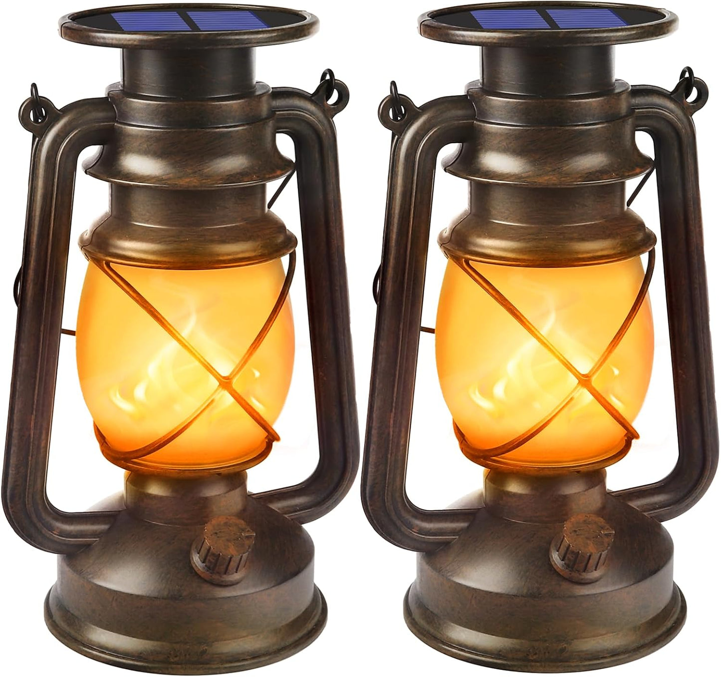 Solar Powered LED Lanterns Decorative Outdoor,2 Pack Bronze Vintage Lanterns with Dancing Flame,Waterproof Solar Hanging Lights for Camping Patio Garden Yard Pathway Decor