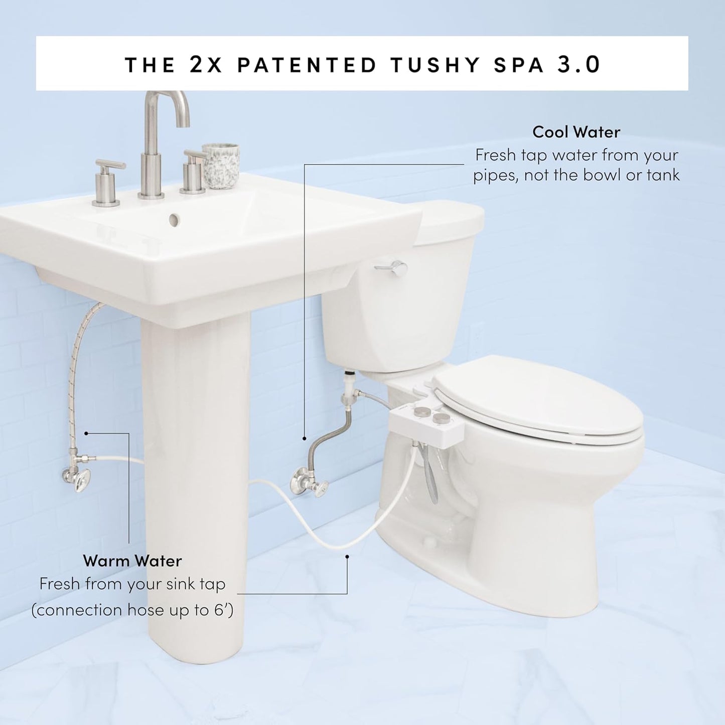 TUSHY 3.0 Spa Cool to Warm Water Bidet Attachment. Easy Universal Toilet Seat Install, Requires Sink Connection for Temperature Control. Fresh Self Cleaning Clean Water (Pink/Bamboo)