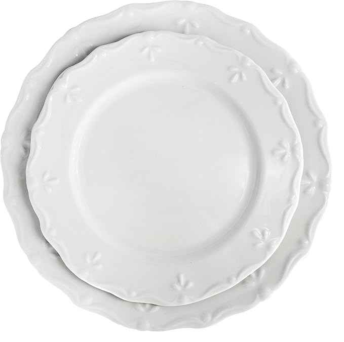Elama Henryi 18 Piece Embossed Rim Detail Porcelain White Dinnerware Set, Tableware Set, Serveware (18 Piece)
