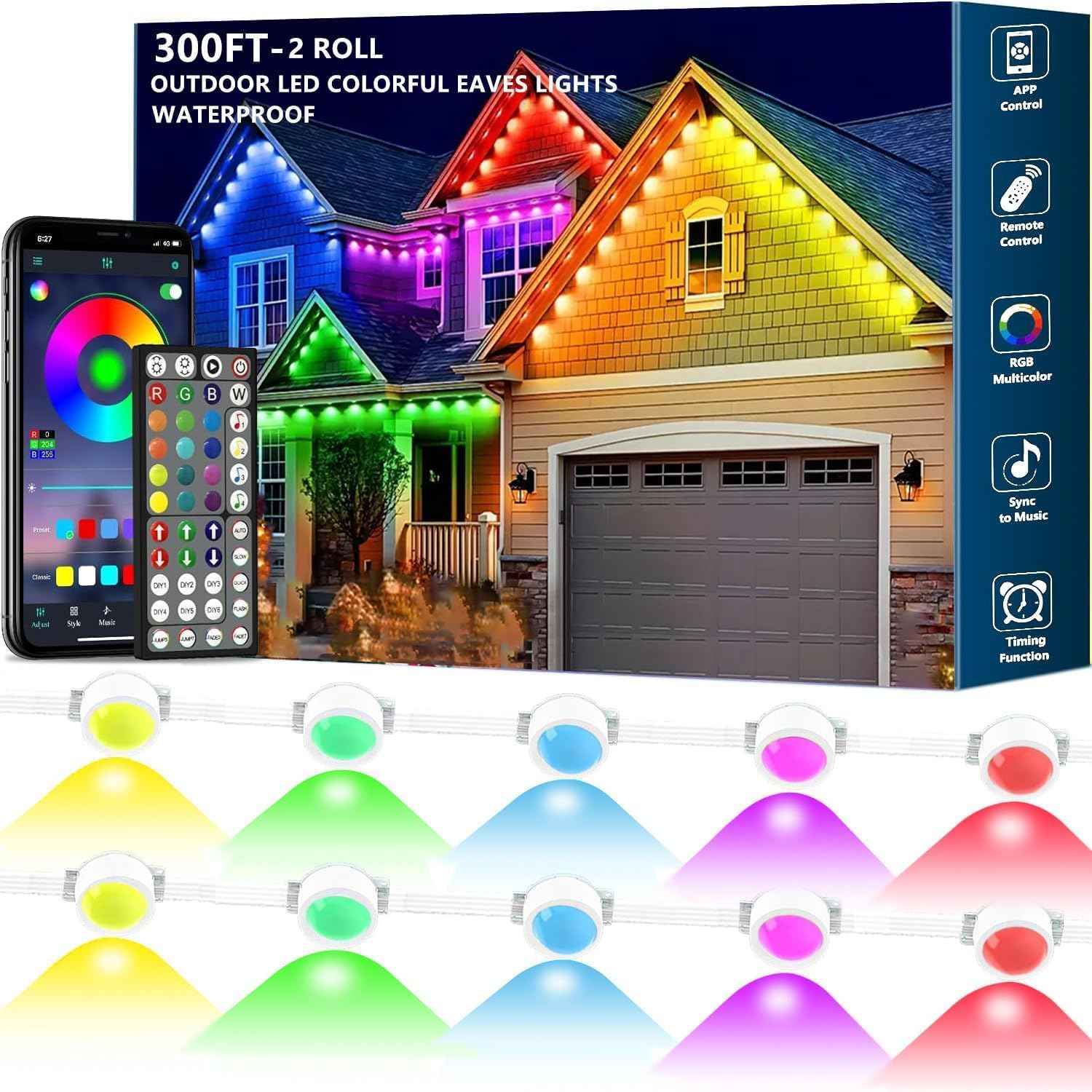 300FT Permanent Outdoor RGB Lights,IP67 Waterproof Smart LED Eaves Lights with App/Remote Control,for Christmas and All Holiday Decor,Daily and Accent Lighting,House Roof and Garden Lighting
