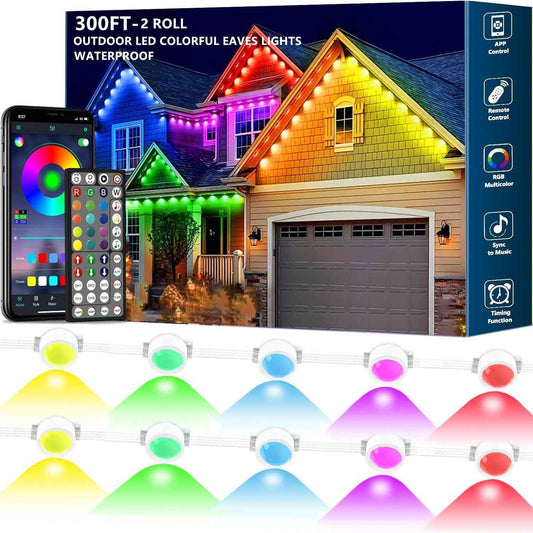 300FT Permanent Outdoor RGB Lights,IP67 Waterproof Smart LED Eaves Lights with App/Remote Control,for Christmas and All Holiday Decor,Daily and Accent Lighting,House Roof and Garden Lighting