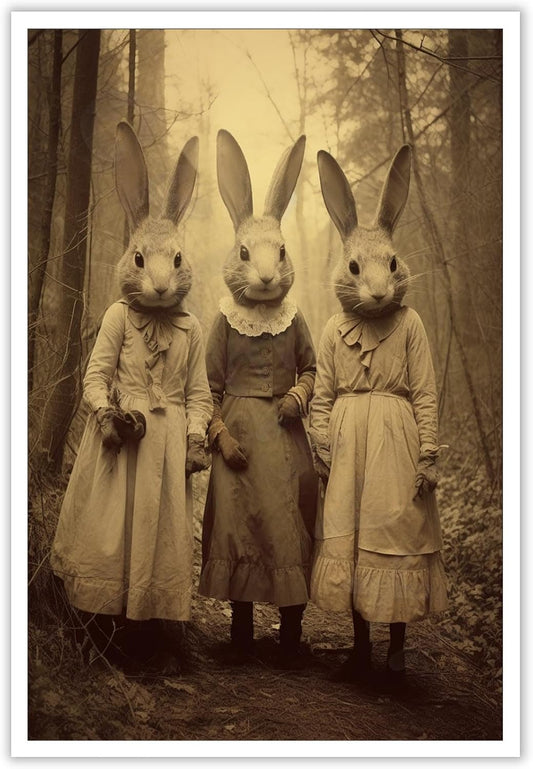 Vintage Horror Spooky Three Rabbits In Occult Forest Spooky Canvas Wall Art Poster Gothic Dark Academia Decorations Room Creepy Print Retro Halloween Wall Decor 12X16inch Unframed