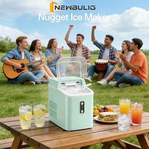 NEWBULIG Nugget Ice Makers Countertop, Portable Nugget Ice Machine, Ready in 6 Mins, 24lbs in 24Hrs, Auto-Cleaning, with Basket and Scoop, for Home, Kitchen, RV, Camping, Green