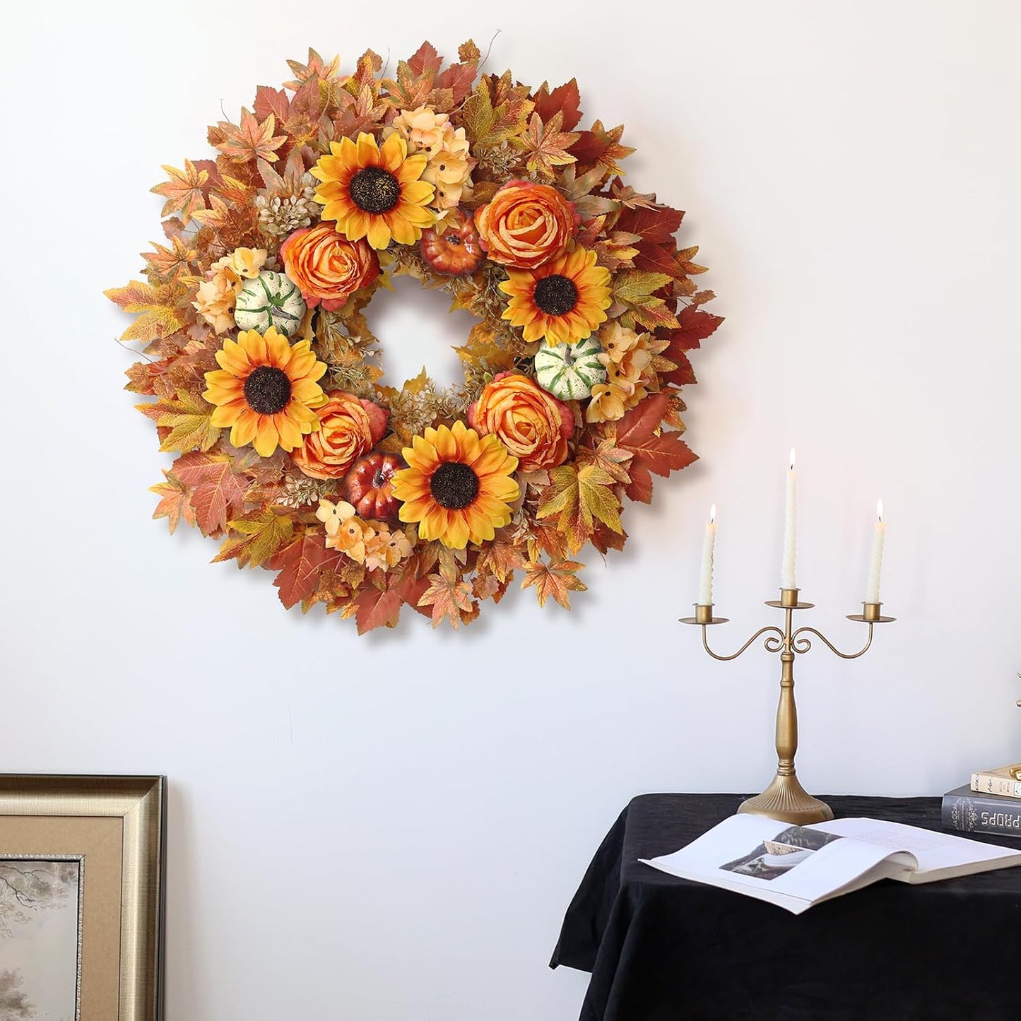 28'' Large Fall Wreath for Front Door, Porch, Window- Artificial Maple Leaves Fake Pumpkins Faux Rose Sunflower Outdoor Autumn Wreath for Home, Farmhouse Wall Thanksgiving Day Harvest Festival Decor