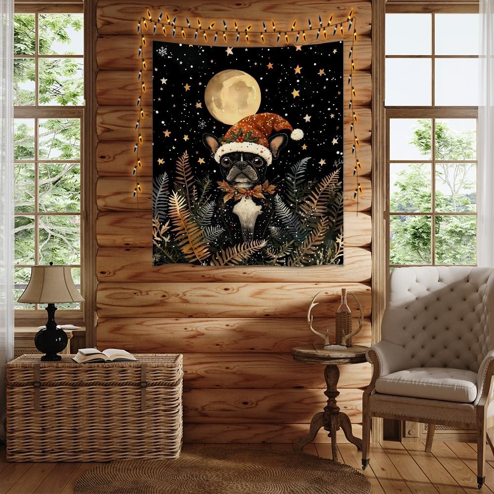 French Bulldog Christmas Tapestry Wall Hanging Cute Dog Santa Hat Moon Pictures Print Pet Lover Gift Funny Christmas Tapestries Aesthetic for Winter Home Nursery Kids Bedroom Decor 60x80inch