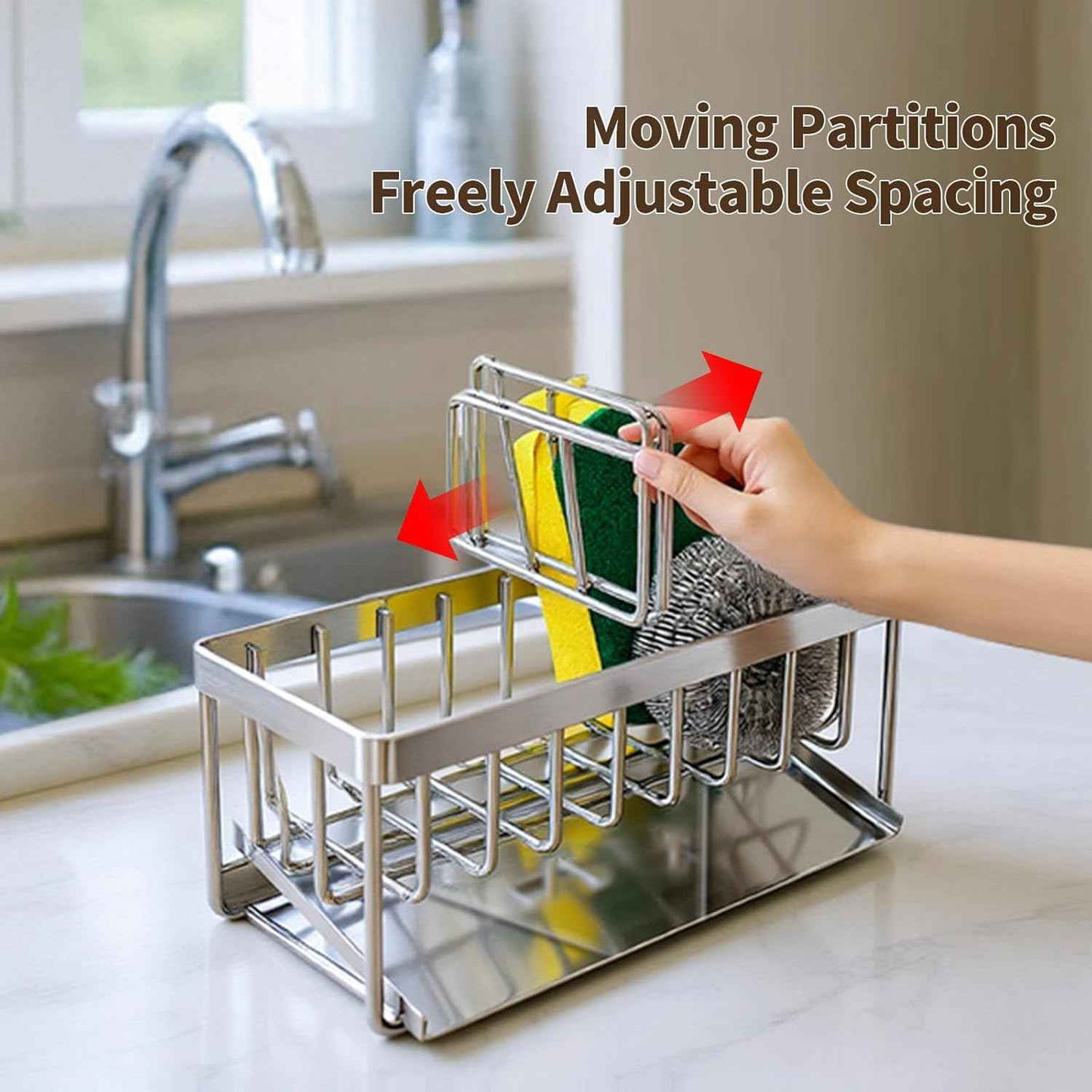 Sink Caddy Sponge Holder for Kitchen, 18/8 Stainless Steel Self Drain Tray, Soap holder with Divider(Silver)