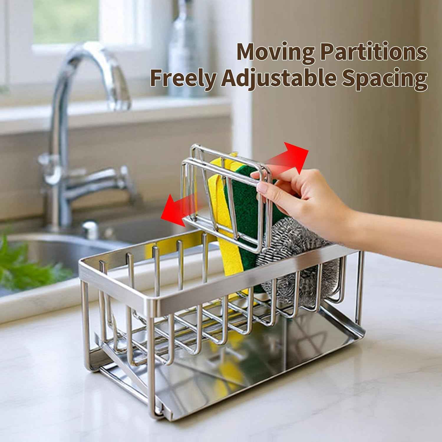 Sink Caddy Sponge Holder for Kitchen, 18/8 Stainless Steel Self Drain Tray, Soap holder with Divider(Silver)