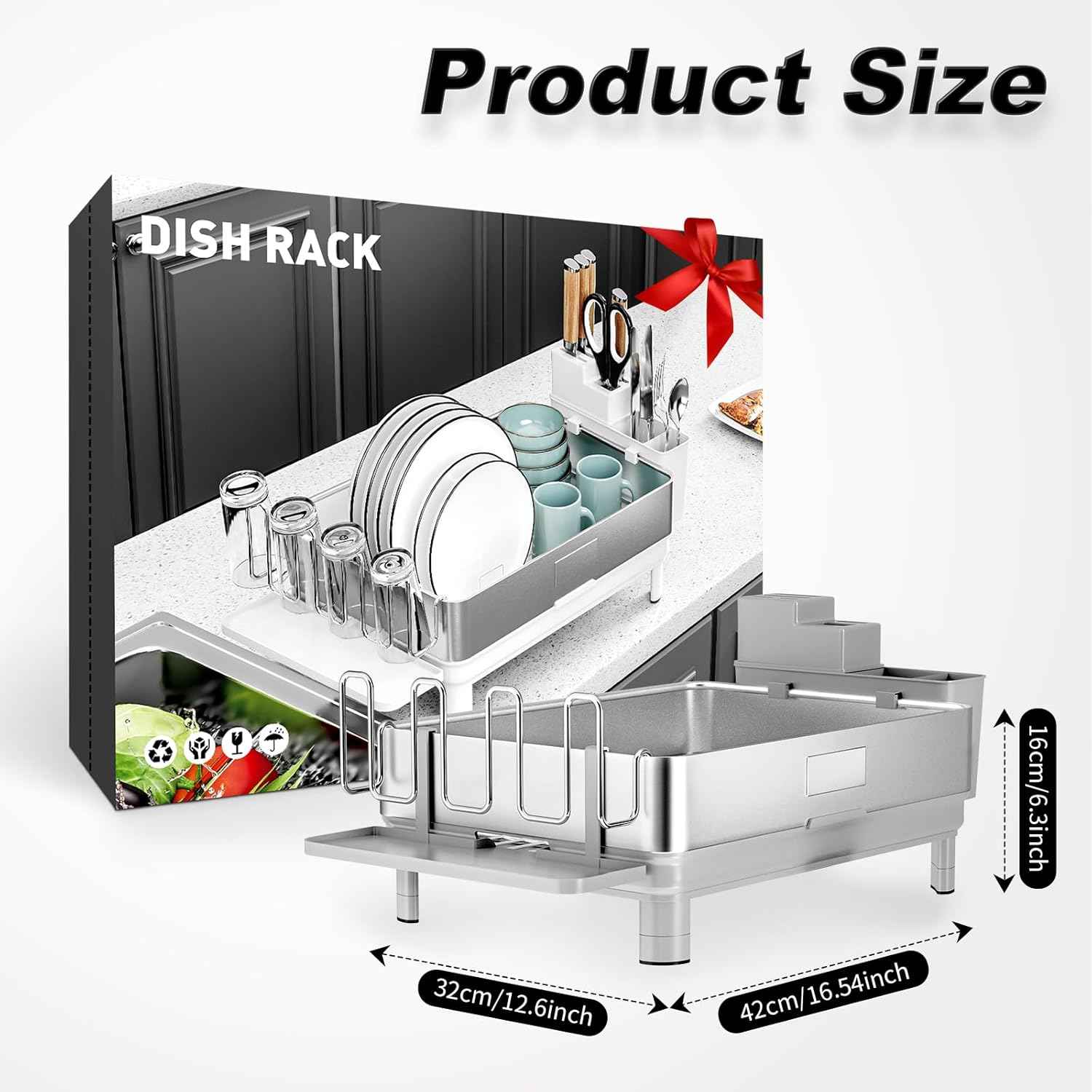 Ewaiira Dish Drying Rack, 304 Stainless Steel Dish Racks for Kitchen Counter, Dish Drainers with Automatic Drainage, Utensil Holder & Cups Holder, Space Saving Kitchen Organizer, Gray