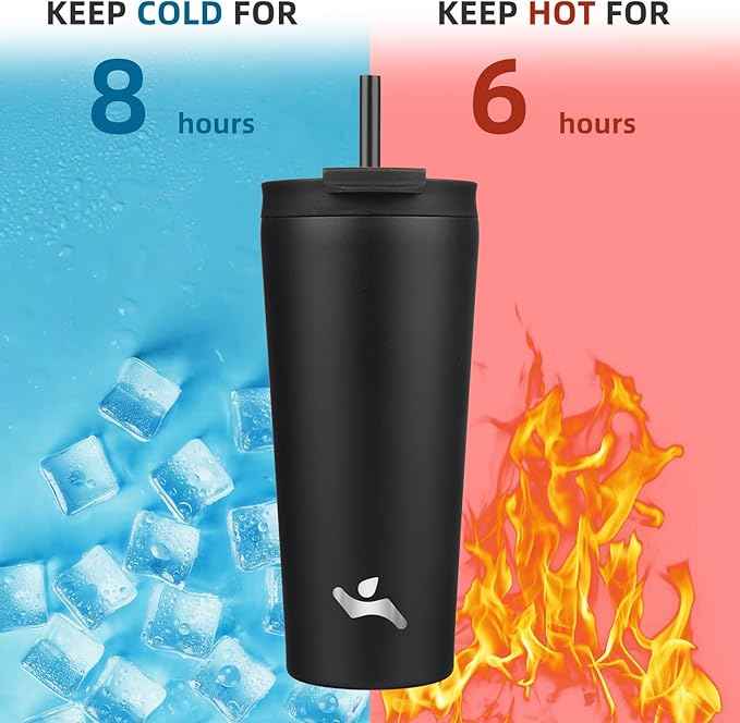 Konokyo 22 OZ Insulated Tumbler with Lid and 2 Straws Stainless Steel Water Bottle Vacuum Travel Mug Coffee Cup,Black