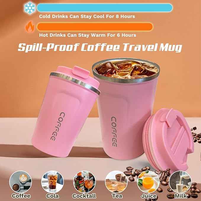 SPLMIFA Travel coffee mugs leak-proof, reusable coffee cups with lids, stainless steel vacuum insulated coffee tumblers, thermal insulation cups for men & women keep drinks hot & cold(2nd-Pink, 12OZ)