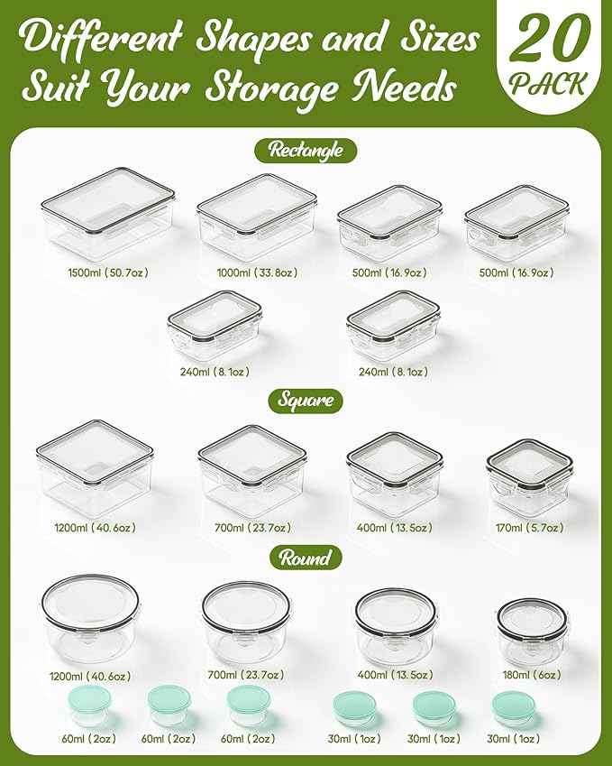 40 Piece Food Storage Containers with Lids(20 Containers & 20 Lids), BPA-Free Plastic Food Containers for Kitchen Storage and Organization, Leak Proof Meal Prep Container, Includes Labels & Pen