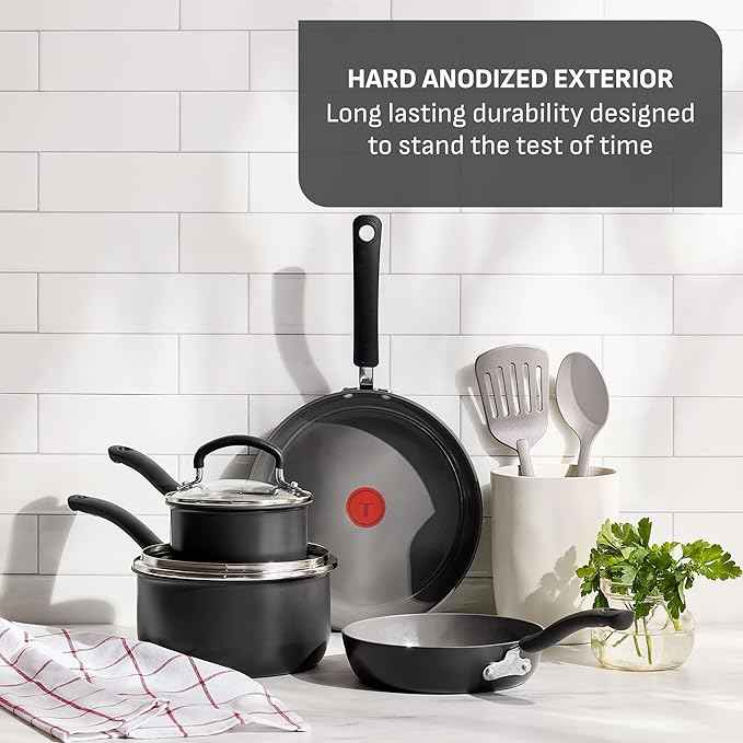 T-Fal Ultimate Hard Anodized Ceramic Nonstick 8 Piece Cookware Set, Oven Safe Up to 400°F, Dishwasher Safe, Pots and Pans Set, Includes Frying Pans, Saucepan, Cooking Utensils, Stone