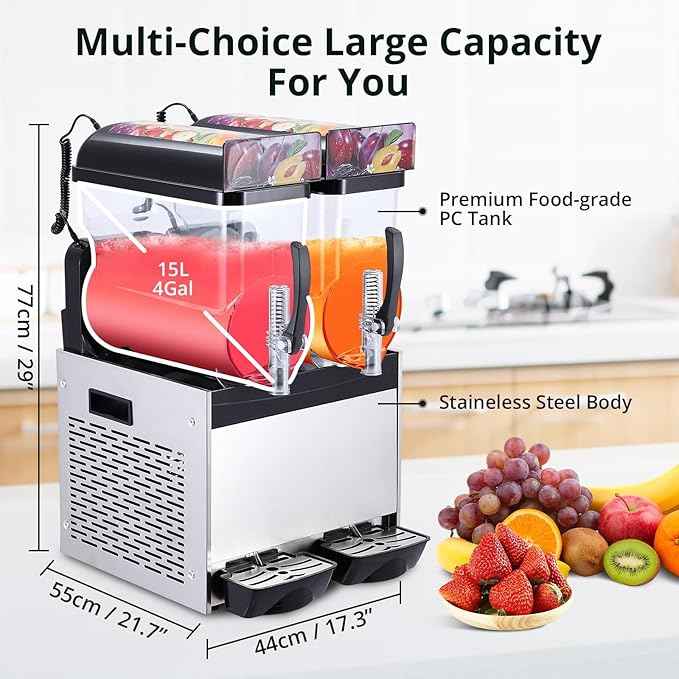 GarveeTech Black 15 L*2 700W Commercial Slushy Machine - Self-Cleaning Stainless Steel Frozen Drink Margarita Ice Cream Maker for Snow Melts, Cocktails - Ideal for Homes, Coffee Shops,and Restaurants