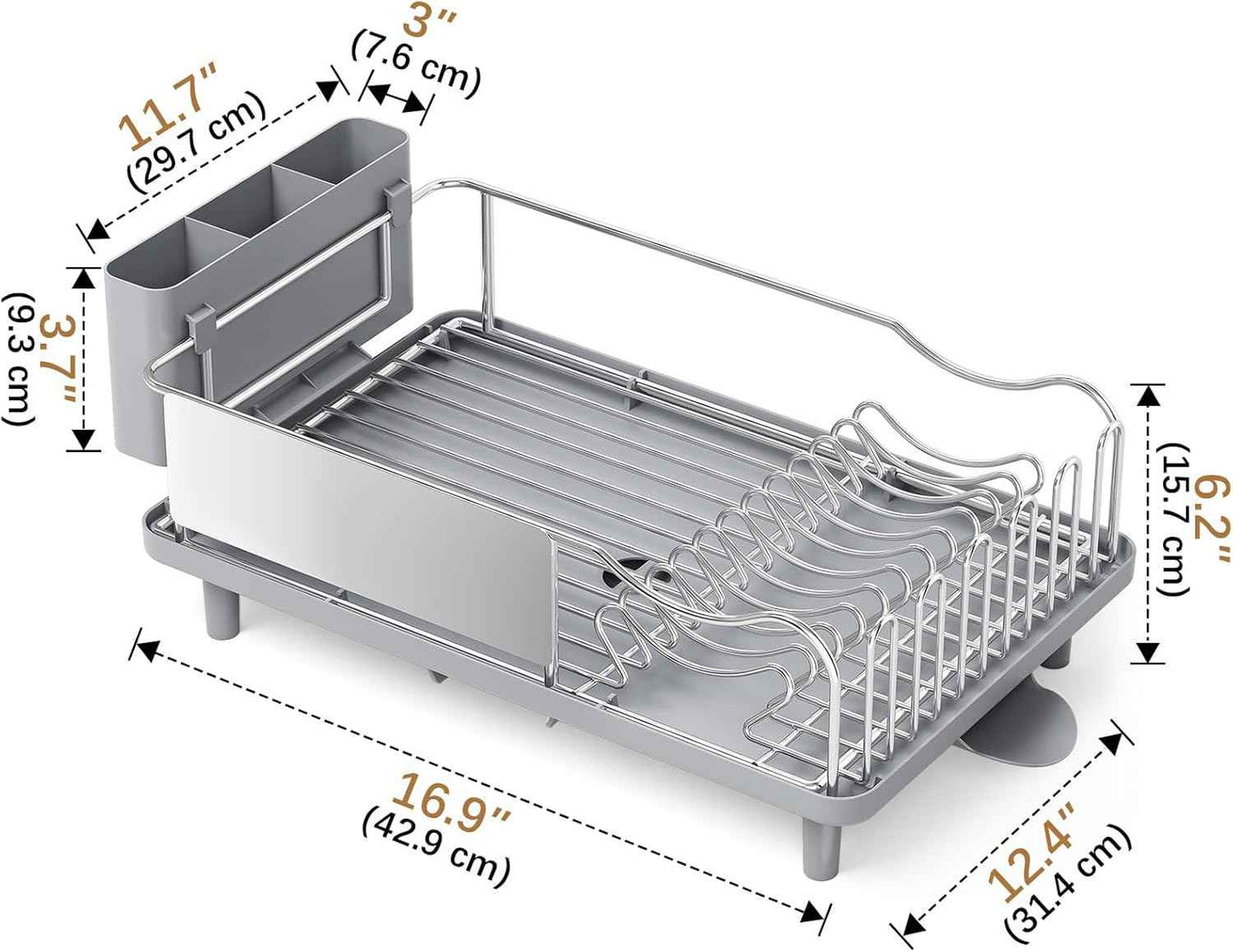 Dish Drying Rack Large Capacity - Stainless Steel Dish Rack for Kitchen Counter with Drain Board, Rustproof Dish Drainer with Auto Drain Spout Utensil Holder Glass Holder, Dinnerware Organizer, Gray