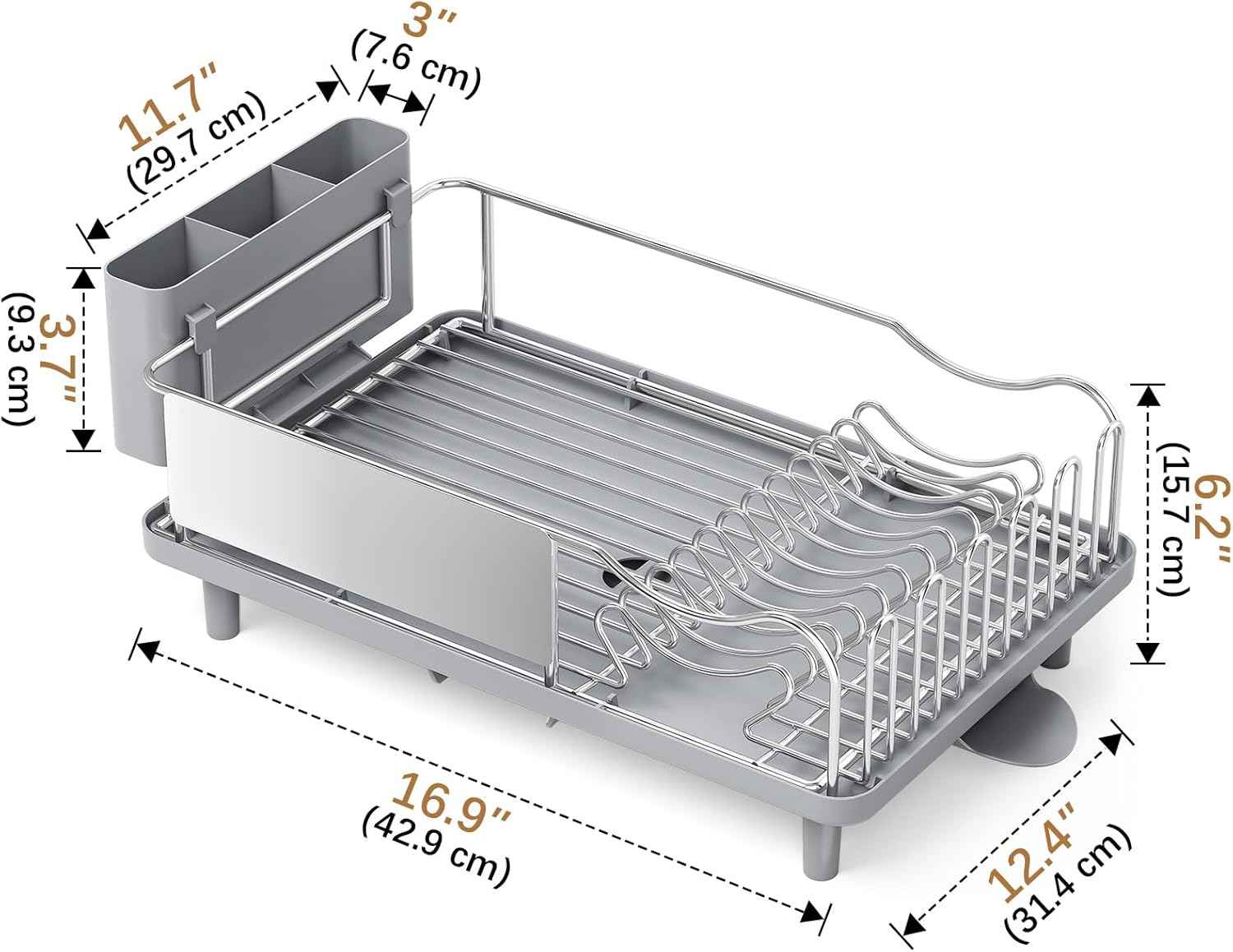 Dish Drying Rack Large Capacity - Stainless Steel Dish Rack for Kitchen Counter with Drain Board, Rustproof Dish Drainer with Auto Drain Spout Utensil Holder Glass Holder, Dinnerware Organizer, Gray