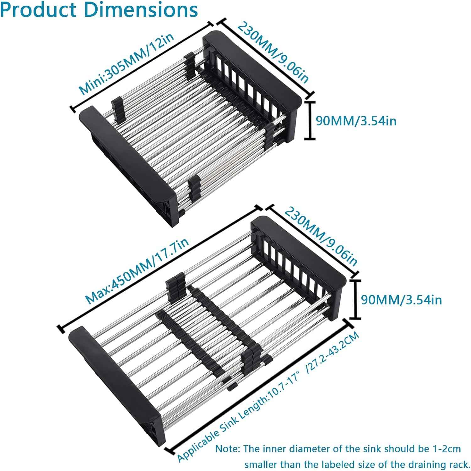 Kitchen Multi-Function Retractable Sink Dish Drying Rack, Stainless Steel Drainer for 10.7"-17" Sinks, Kitchen Countertop Organizer for Dishes, Vegetables, and Fruits (Black & Small)