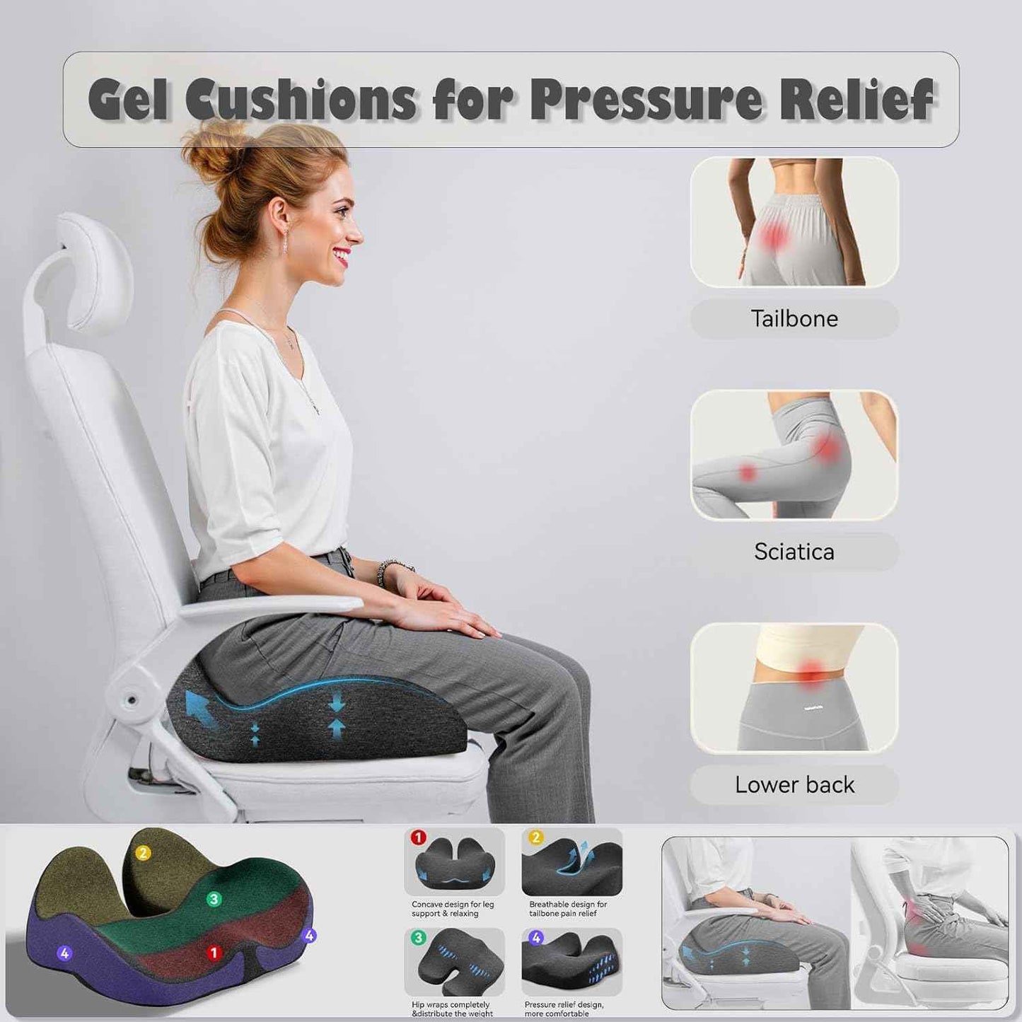 CXC Seat Cushions for Office Chairs, Ergonomic Memory Foam Cushion for Long Sitting, Breathable Desk Chair Pad for Home Office, Non-Slip Support for Hip & Lower Back Comfort (Dark Gray, Modal Fabric)