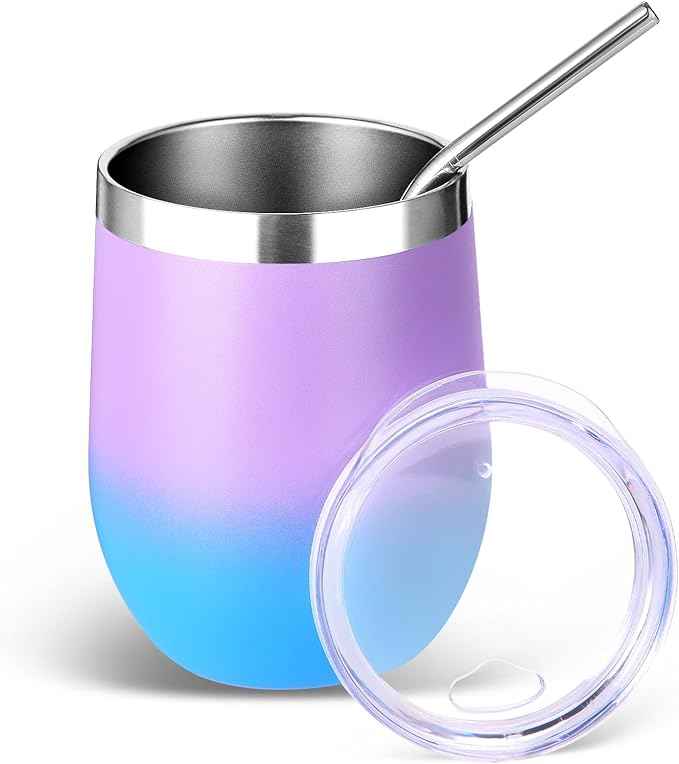 Volhoply 12oz Stainless Steel Wine Tumbler with Lid and Straw,Double Wall Vacuum Insulated Stemless Wine Glasses,Reusable Travel Coffe Mug for Cold Drinks,Tumblers Gifts for Women Men（Lavender,1 Set）