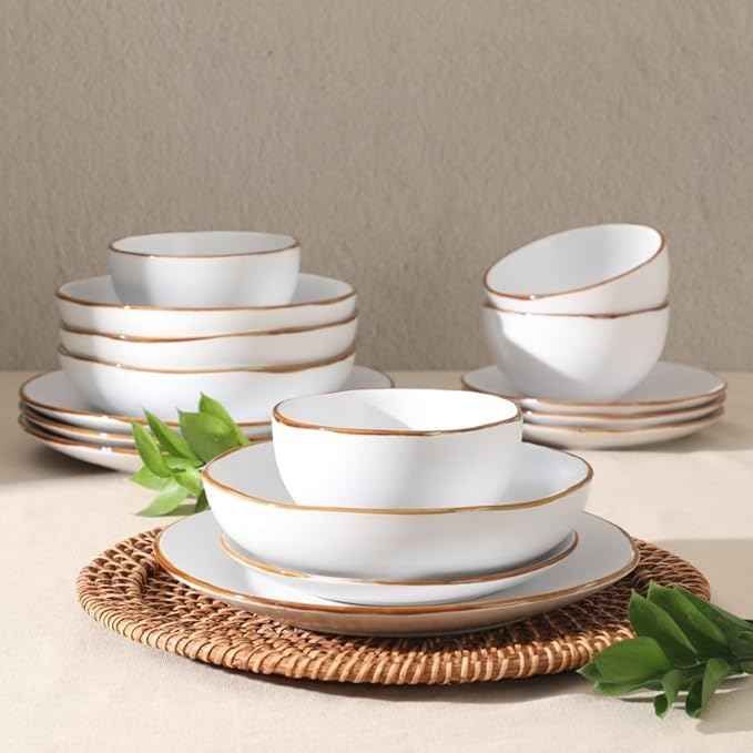 Gibson Home Hazeltine 16-Piece White Stoneware Dinnerware Set – Plates and Bowls, Durable Ceramic Kitchen Dinner Set