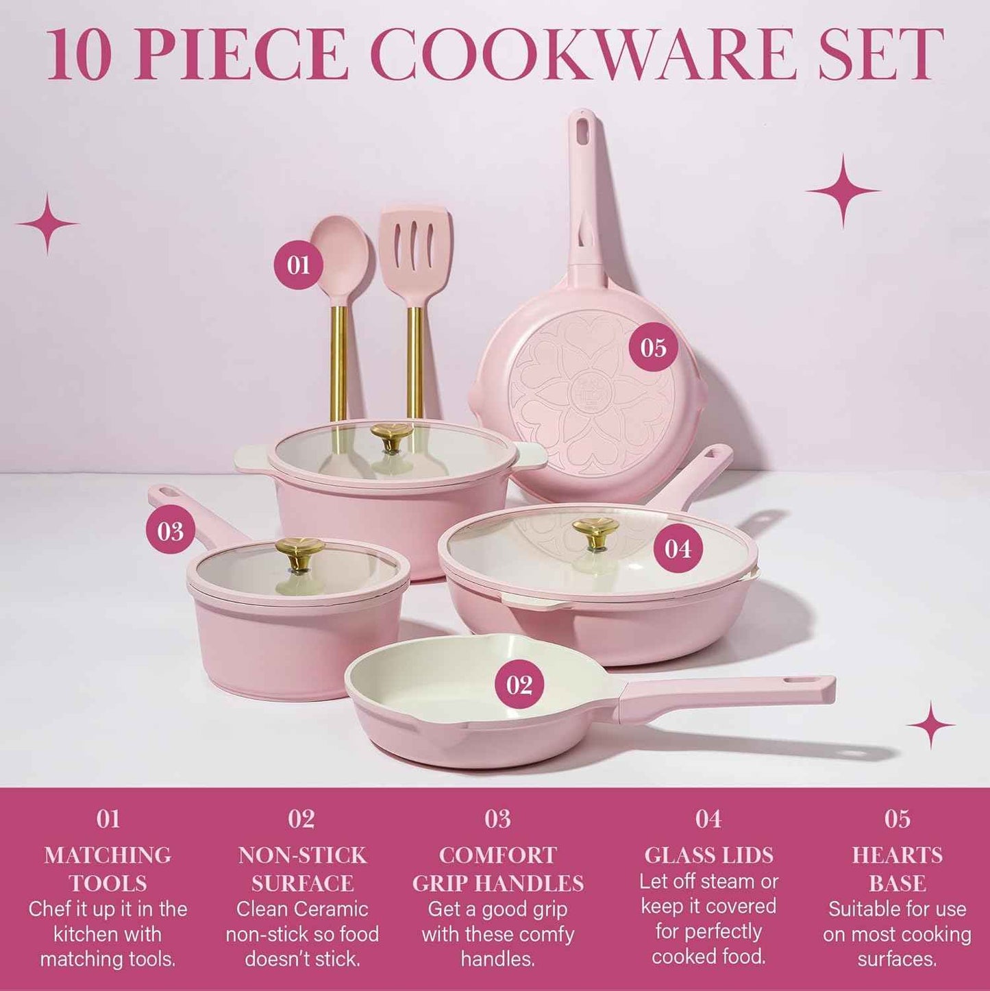 Paris Hilton Ceramic Nonstick Cookware Set, Cast Aluminum with Dual Layer Nonstick Coating, Gold Heart Knobs, Stay-Cool Handles, Made without PFAS, PFOA, PFOS & PTFE, Dishwasher Safe, 10-Piece, Pink