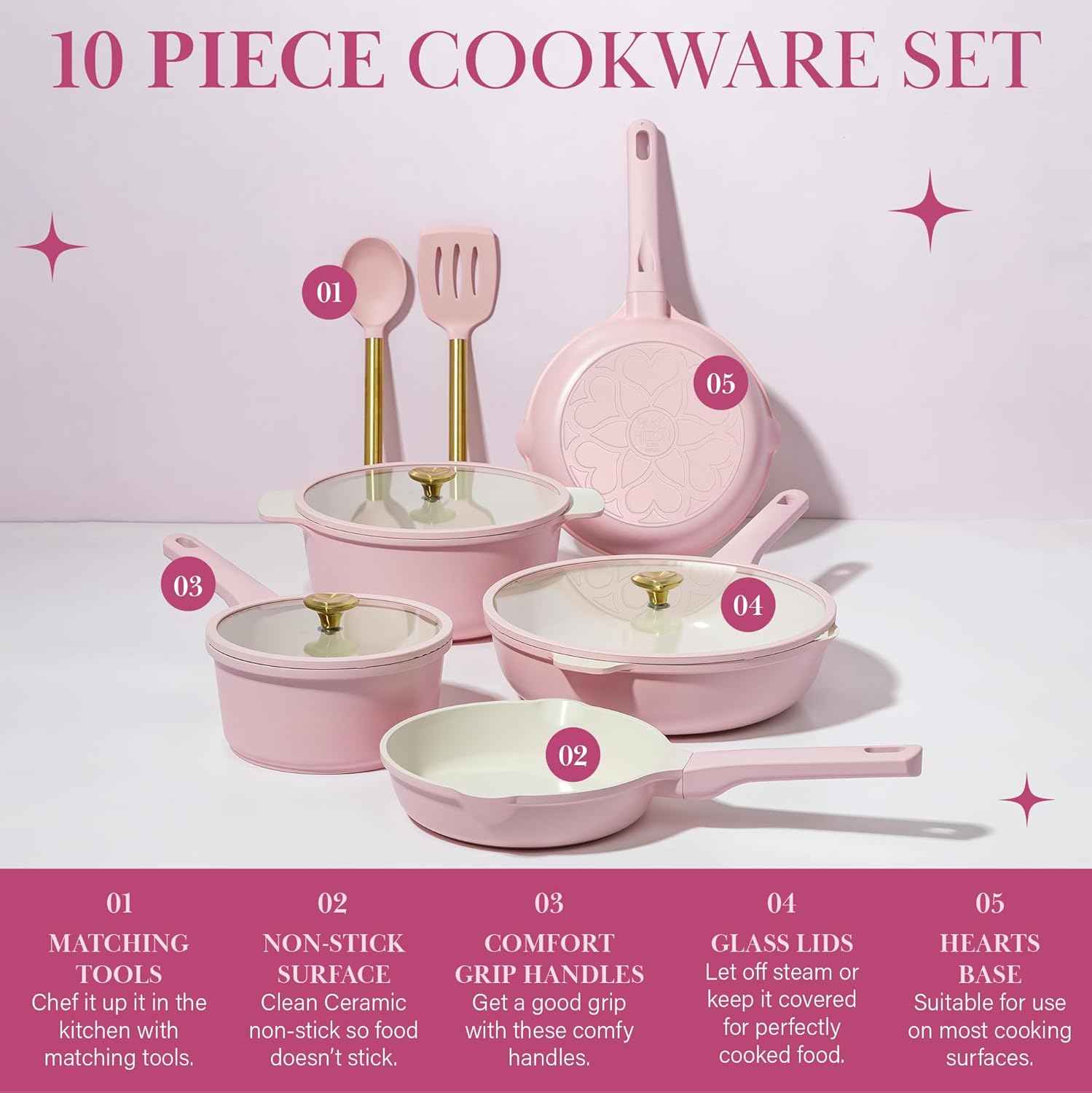 Paris Hilton Ceramic Nonstick Cookware Set, Cast Aluminum with Dual Layer Nonstick Coating, Gold Heart Knobs, Stay-Cool Handles, Made without PFAS, PFOA, PFOS & PTFE, Dishwasher Safe, 10-Piece, Pink