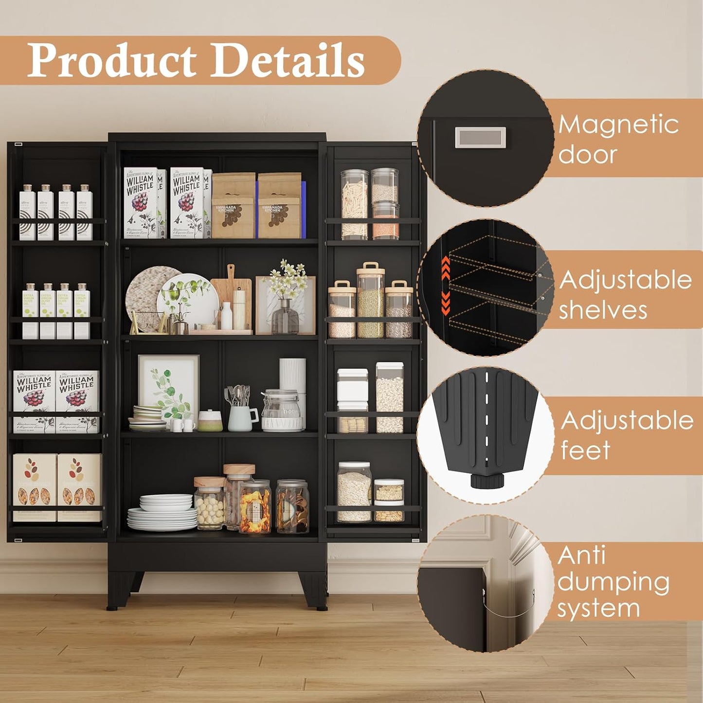 51" H Metal Kitchen Pantry Storage Cabinet, Freestanding Cupboard Storage Cabinet with Doors and Adjustable Shelves, Large Stand Up Food Cupboard for Living Room, Dinning Room, Black