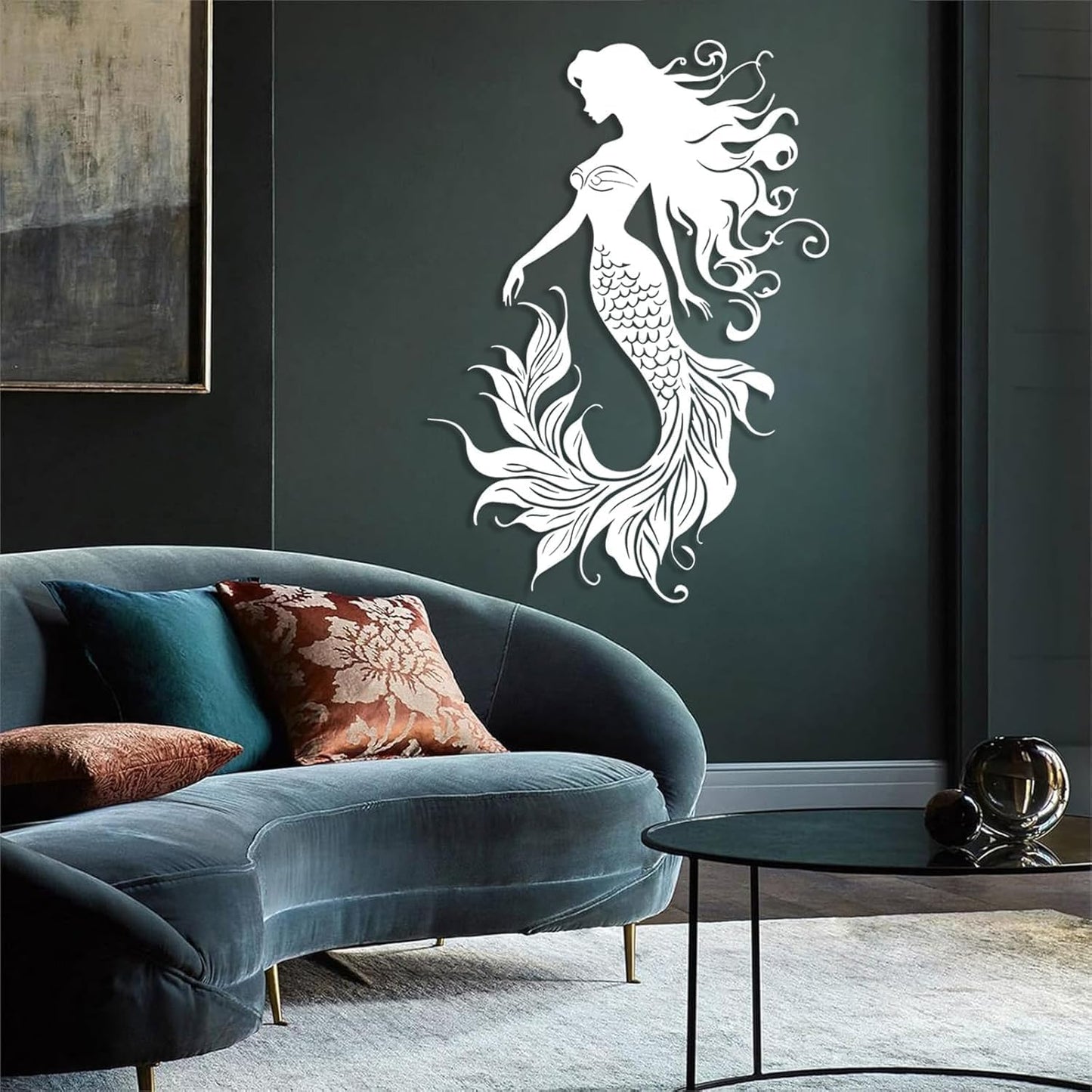 Veplsur Mermaid Metal Wall Art, Metal Mermaid Wall Decor, Marine Biology Wall Decor, Ocean Wall Art, Nautical Wall Hanging, Beach Hanging for Bathroom Bedroom (White, 35"x25"|90x64cm)