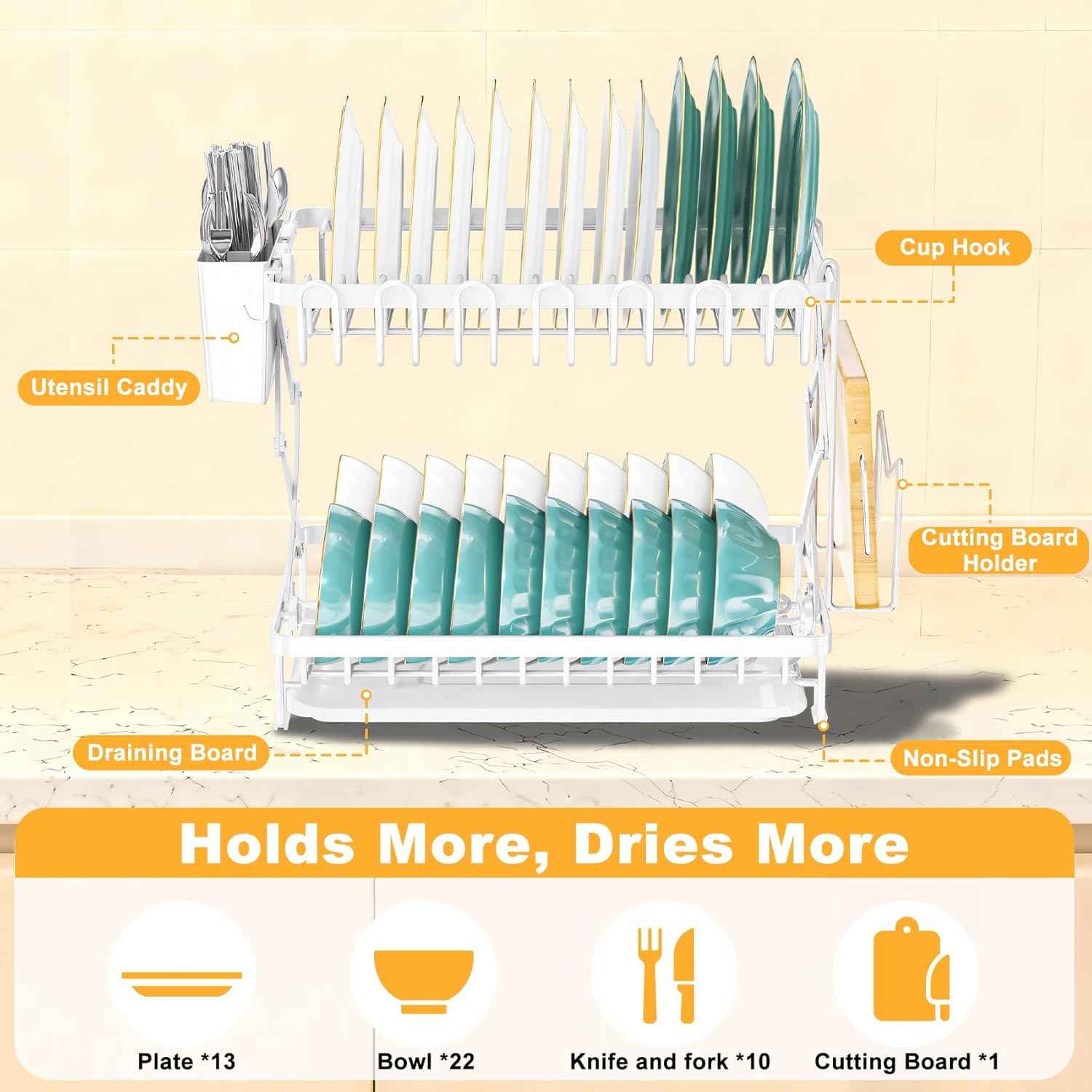 2-Tier Dish Racks for Kitchen Counter, Large Dish Drainers for Kitchens Counter Stainless Steel Kitchen Dishes Drying Rack, Space Saving Dishes Strainer for Bowl, Plate, Cup - Modern Counter Organizer