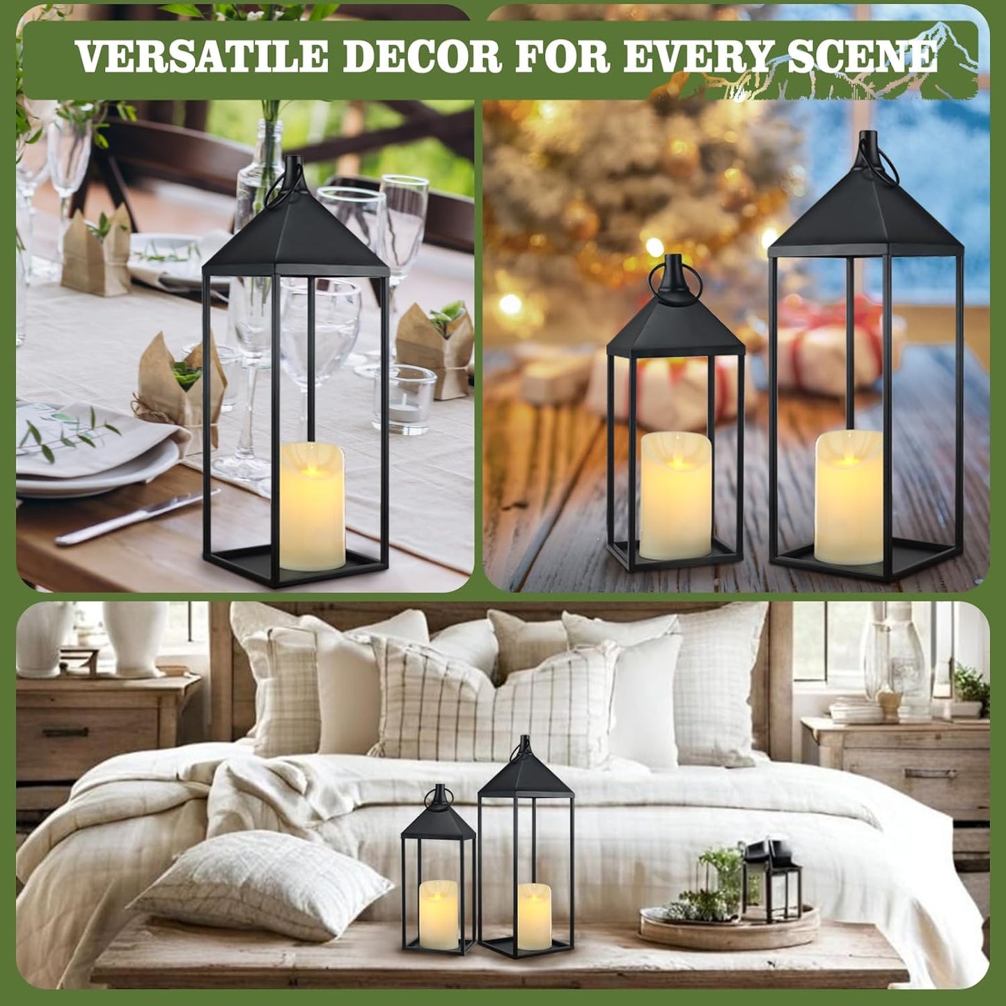 17" 13" Modern Farmhouse Candle Lantern Decor Set of 2 Black Metal Candle Lanterns with Flameless Candles, Lanterns Decorative Indoor for Fireplace Mantle Table Outdoor Lanterns for Patio Porch Garden