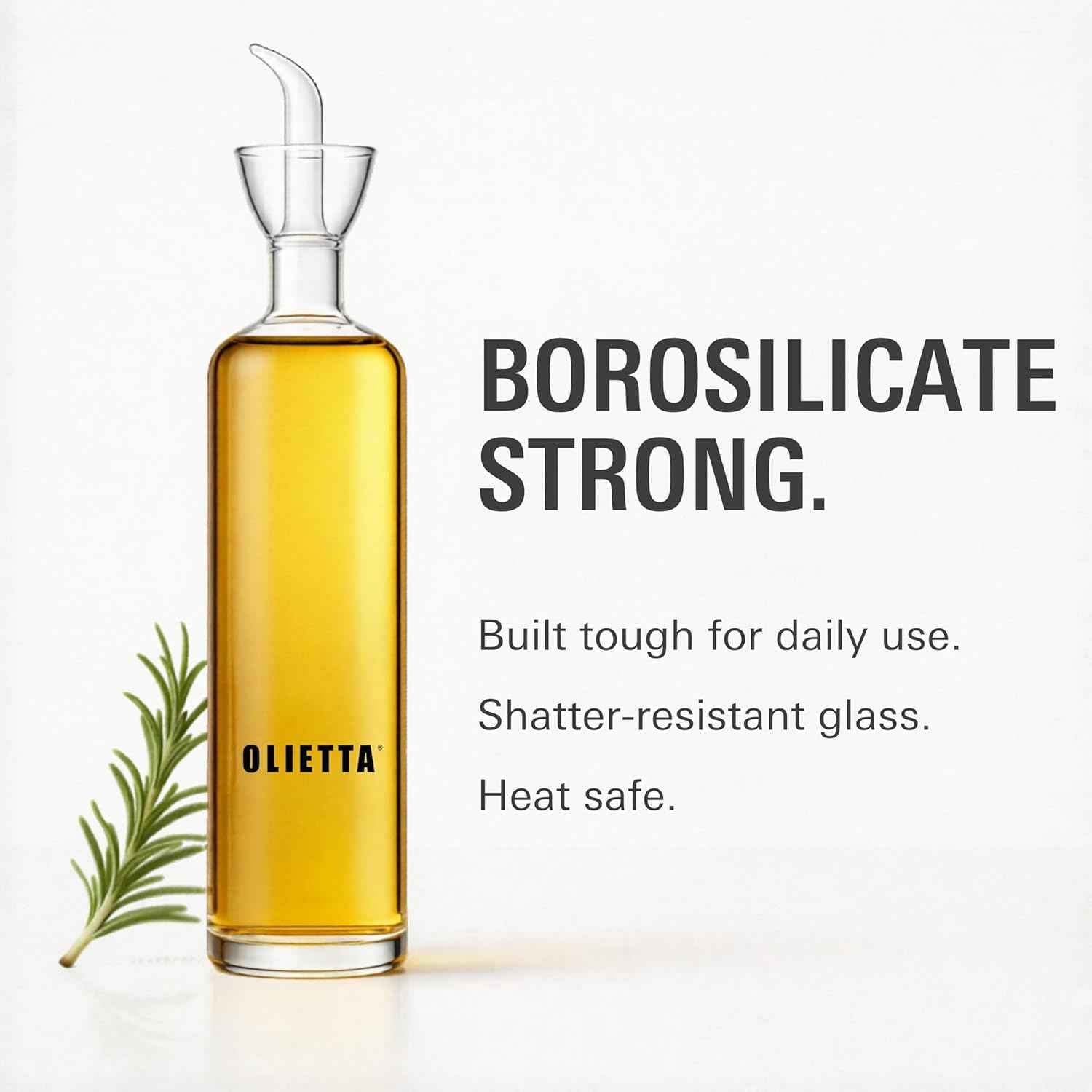 Olietta Olive Oil Dispenser Bottle Borosilicate Glass - Non Drip Oil Dispenser for Kitchen, Leak Proof Vinegar Drizzler Cruet, Easy Clean, 17 Ounces, Modern