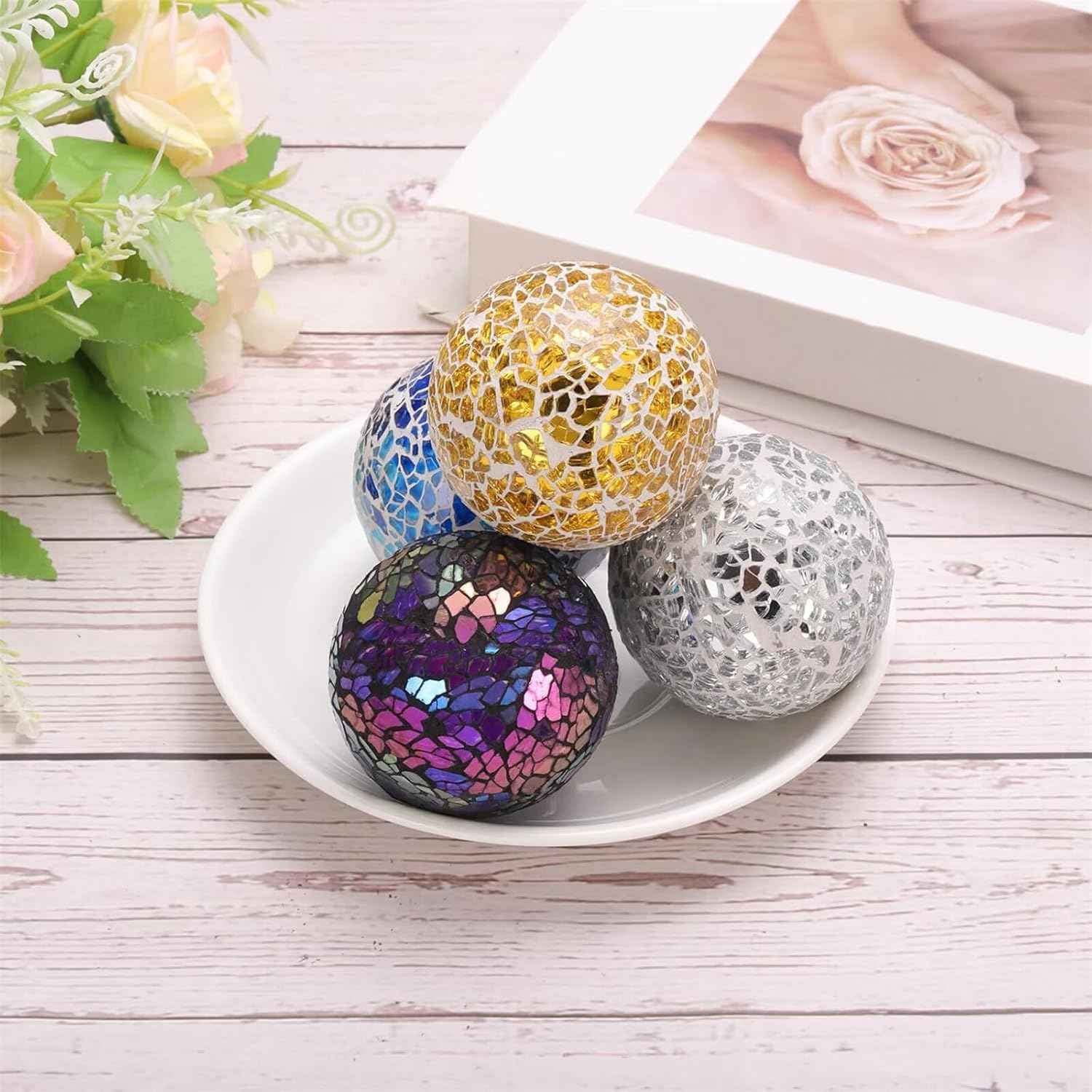 Premium Decorative Ball for Bowls,4" Mosaic Glass Balls Orbs Glass Ball for Home Decor Dining Thanksgiving Christmas Wedding Party Ornaments Coffee Table Centerpiece Decor(3Pcs Red)