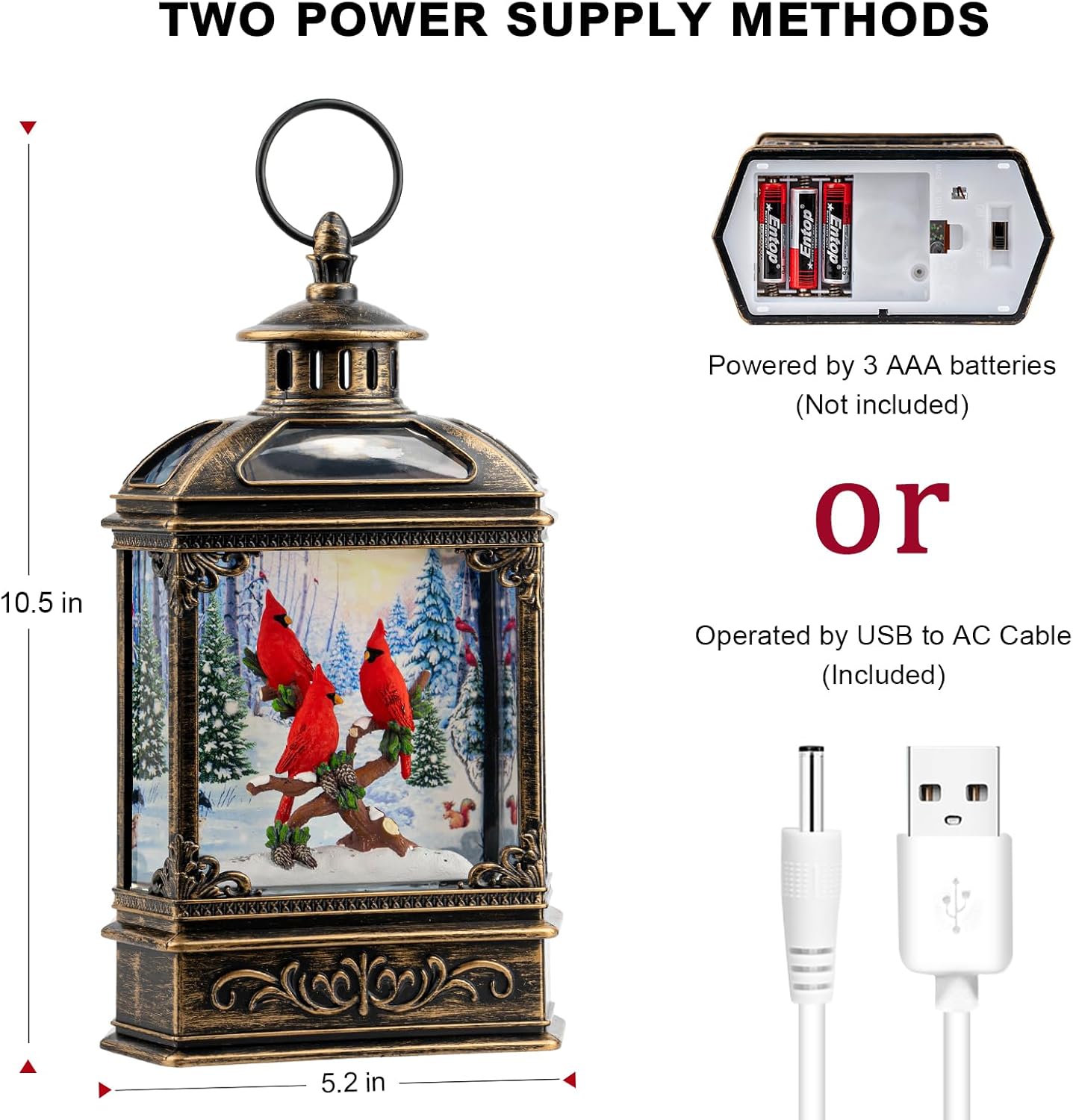 Christmas Snow Globe Water Glittering Cardinal with Music, USB Lined/Battery Operated Lighted Lantern for Christmas Festival Decoration Gifts