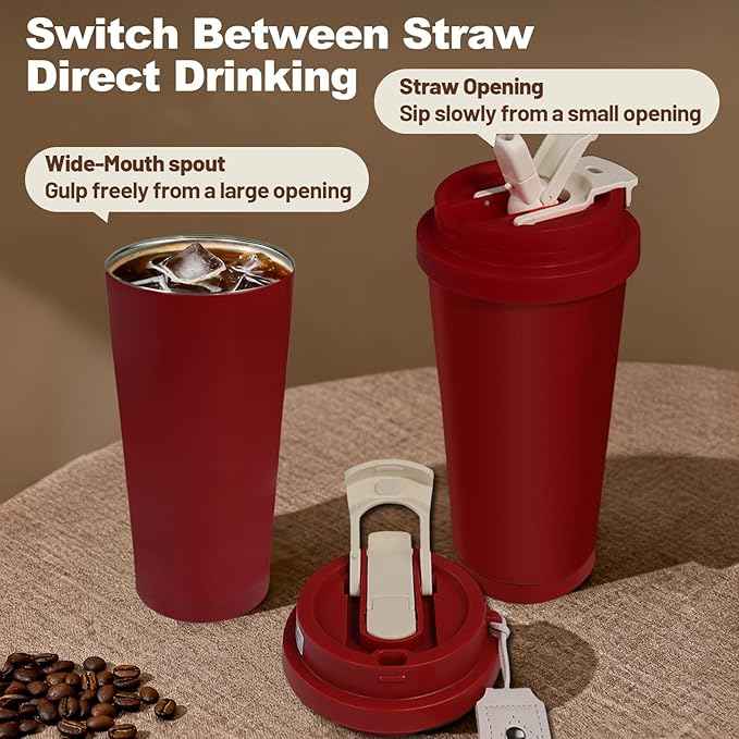 Insulated Coffee Tumbler 17.9oz 530ml Travel Coffee Mug 316 Stainless Steel Dual Drink Openings Leakproof Lid Reusable Insulated Coffee Mug Hot and Cold Ideal Travel Mug for Coffee Lover Daily